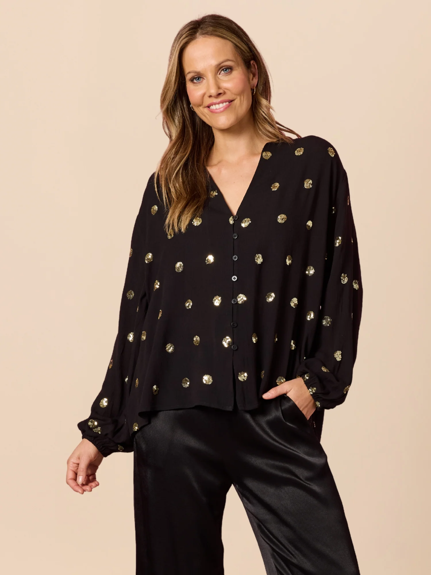 Allegra Sequin Spot Top - Black