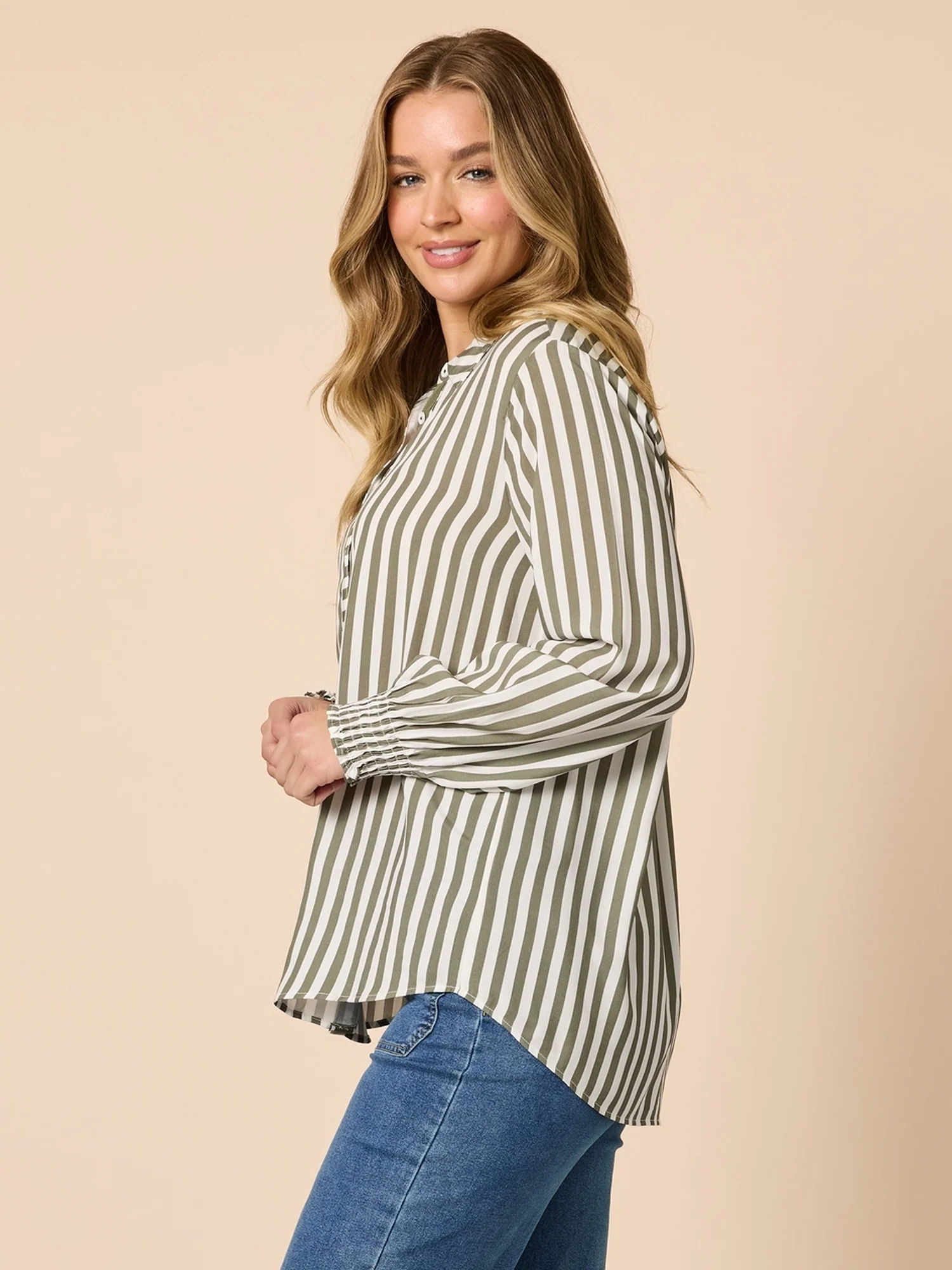 Amour Stripe Print Shirt - Khaki/White - Image 4