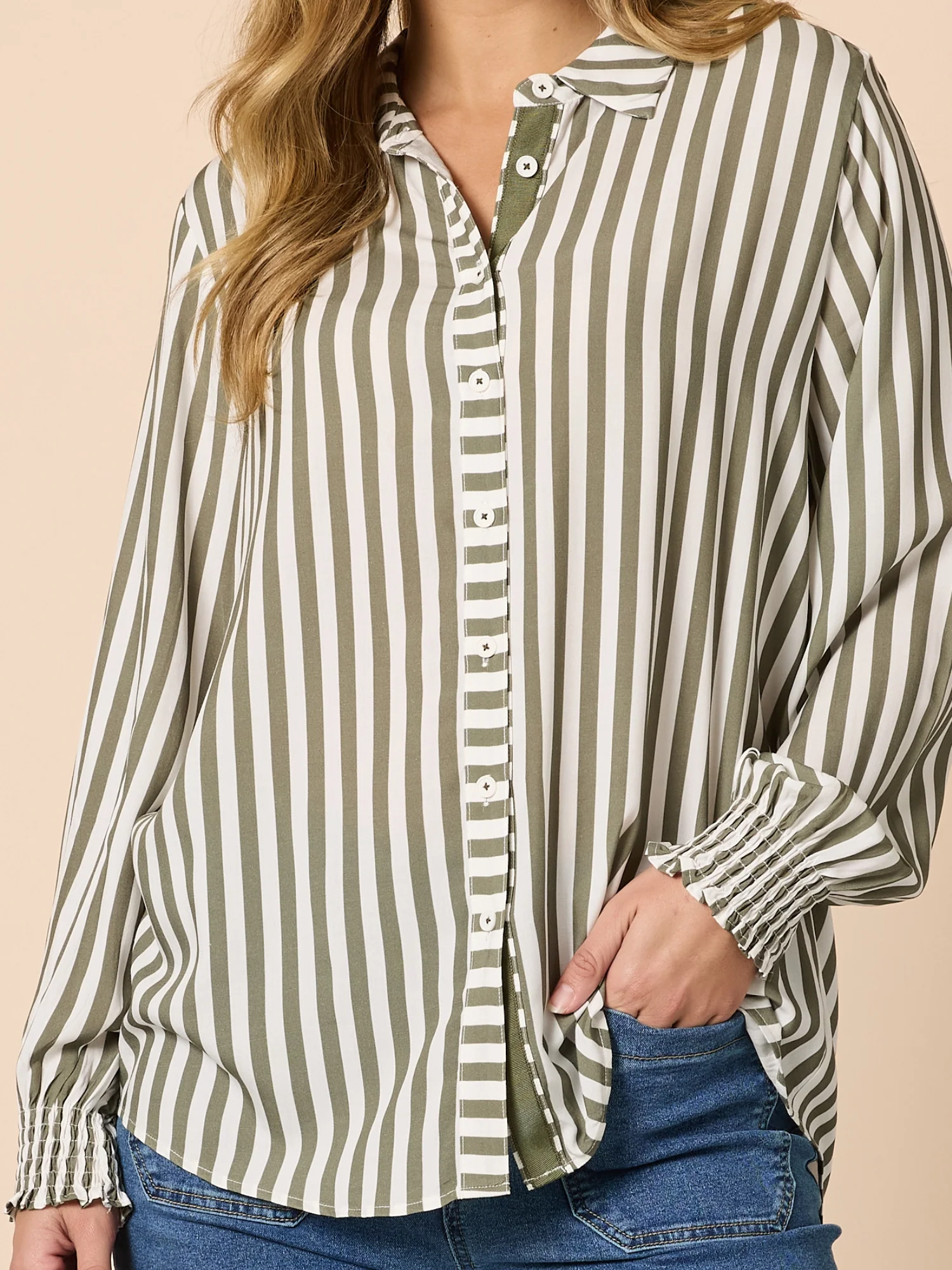 Amour Stripe Print Shirt - Khaki/White - Image 6