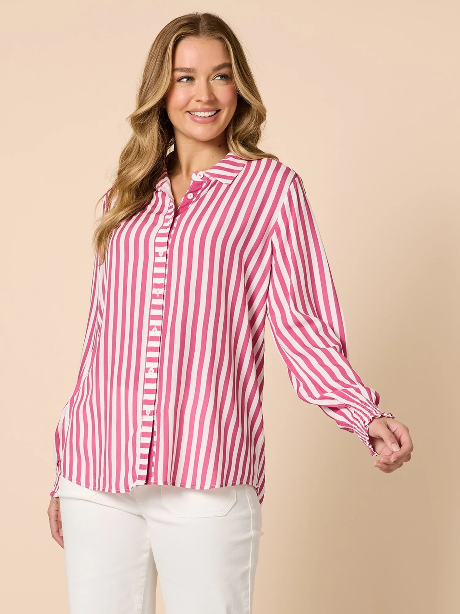 Amour Stripe Print Shirt - Pink White - Image 3