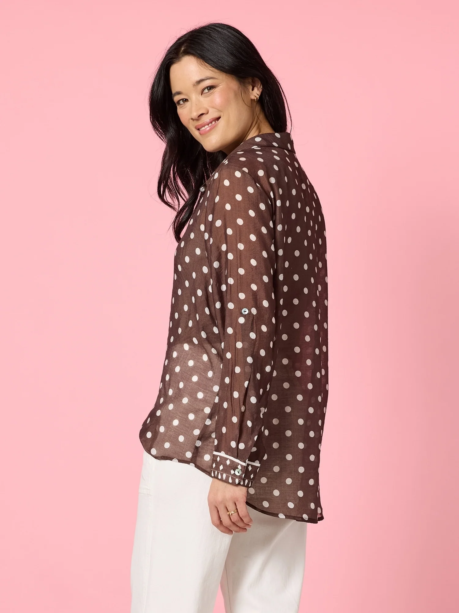 Aurora Spot Print Sheer Shirt - Coffee White - Image 3