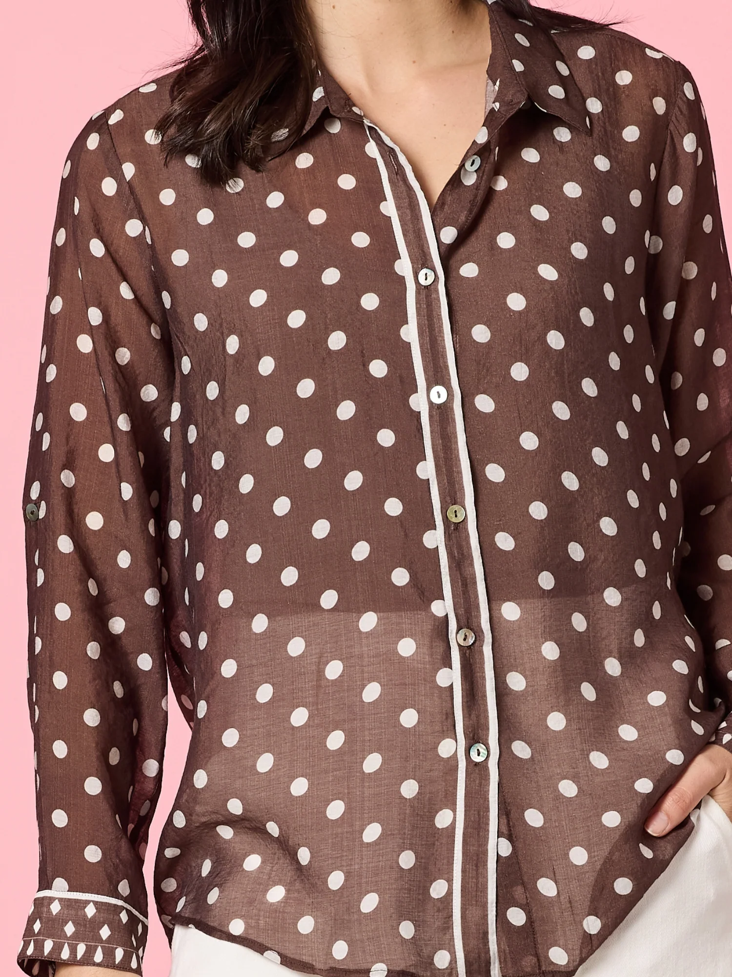 Aurora Spot Print Sheer Shirt - Coffee White - Image 5
