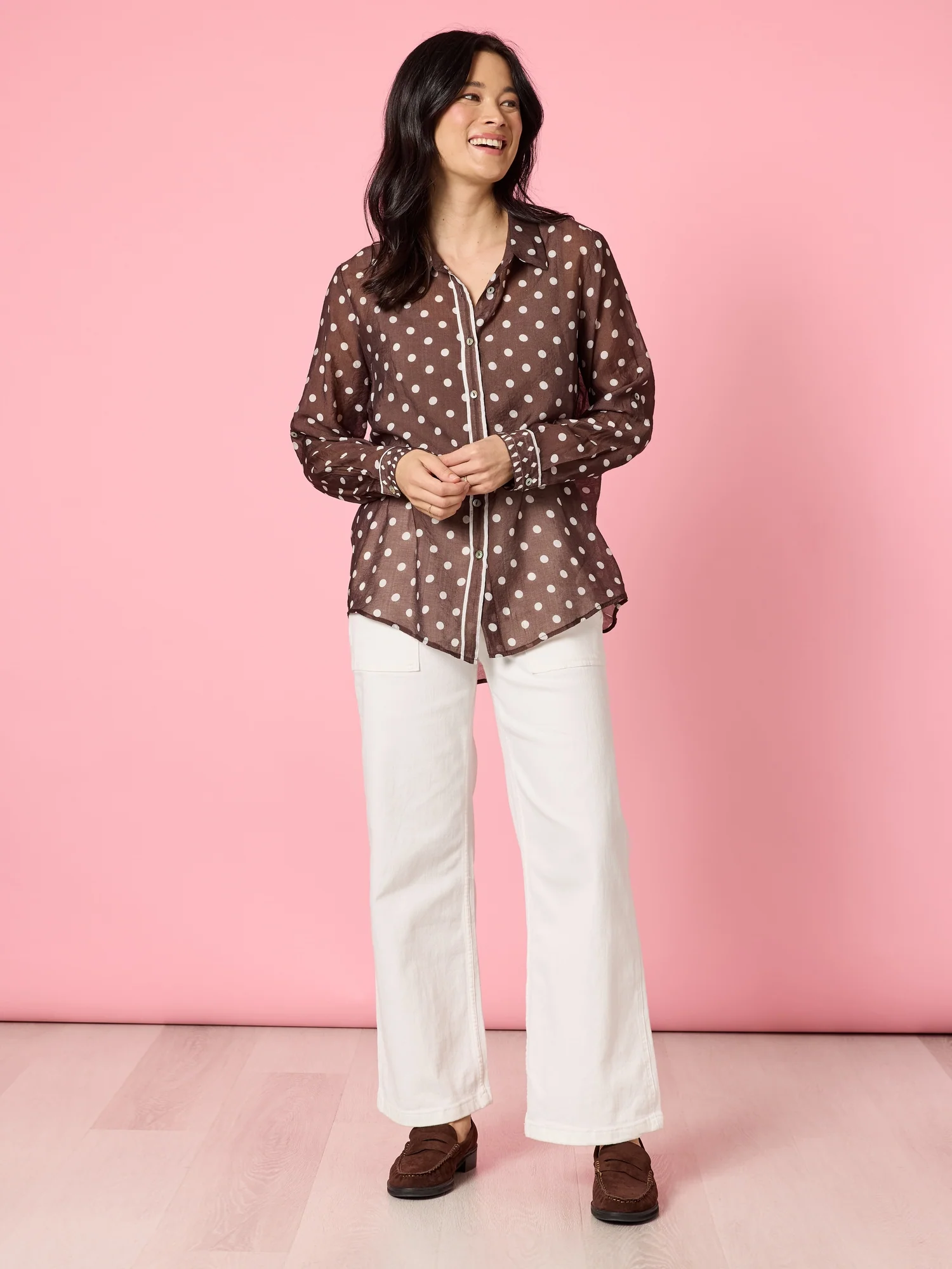 Aurora Spot Print Sheer Shirt - Coffee White - Image 6