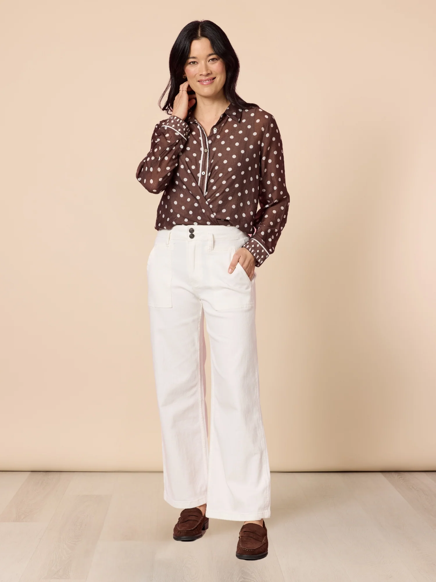 Aurora Spot Print Sheer Shirt - Coffee White - Image 7