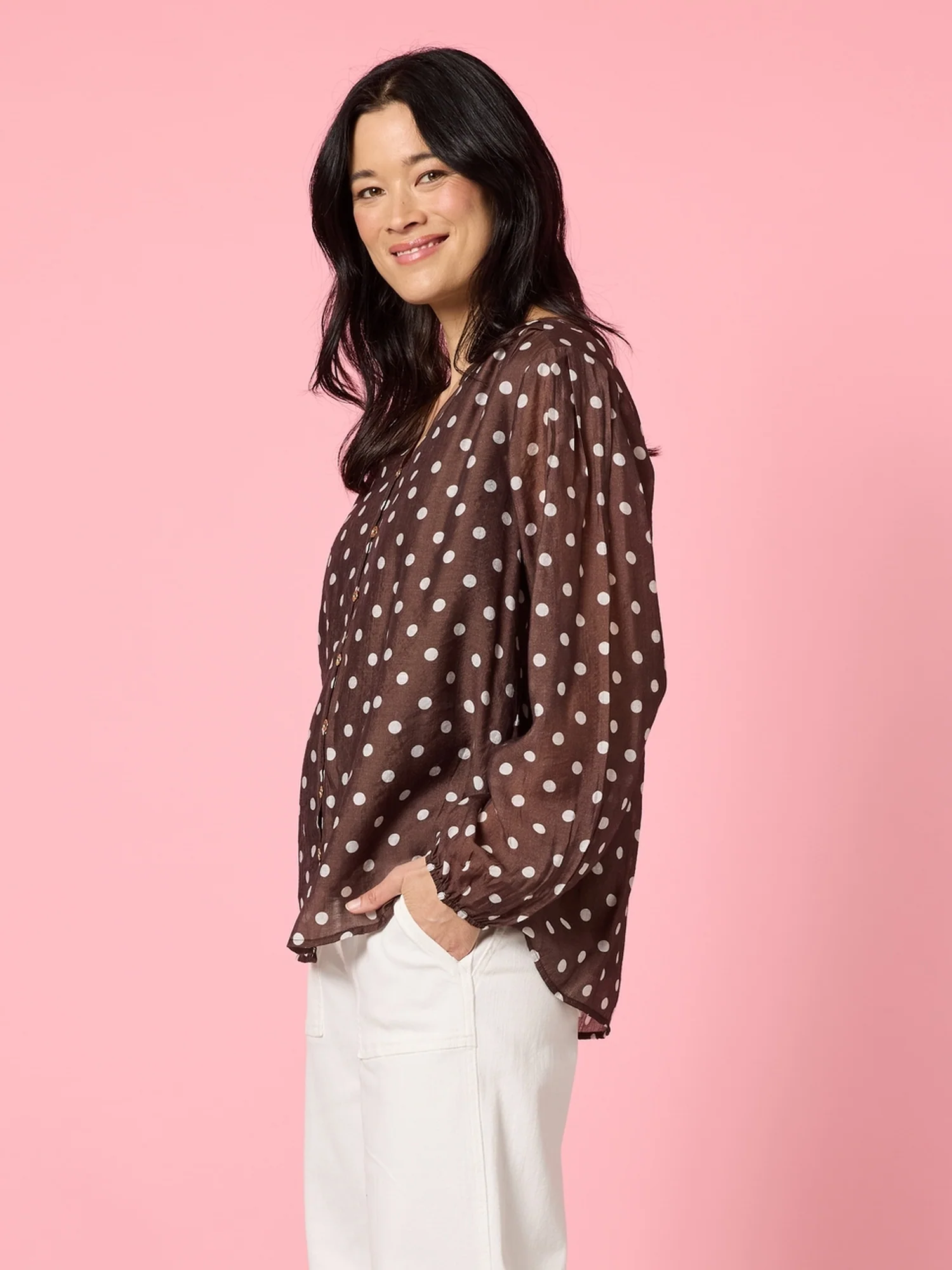 Aurora Spot Print Sheer Top - Coffee White - Image 4