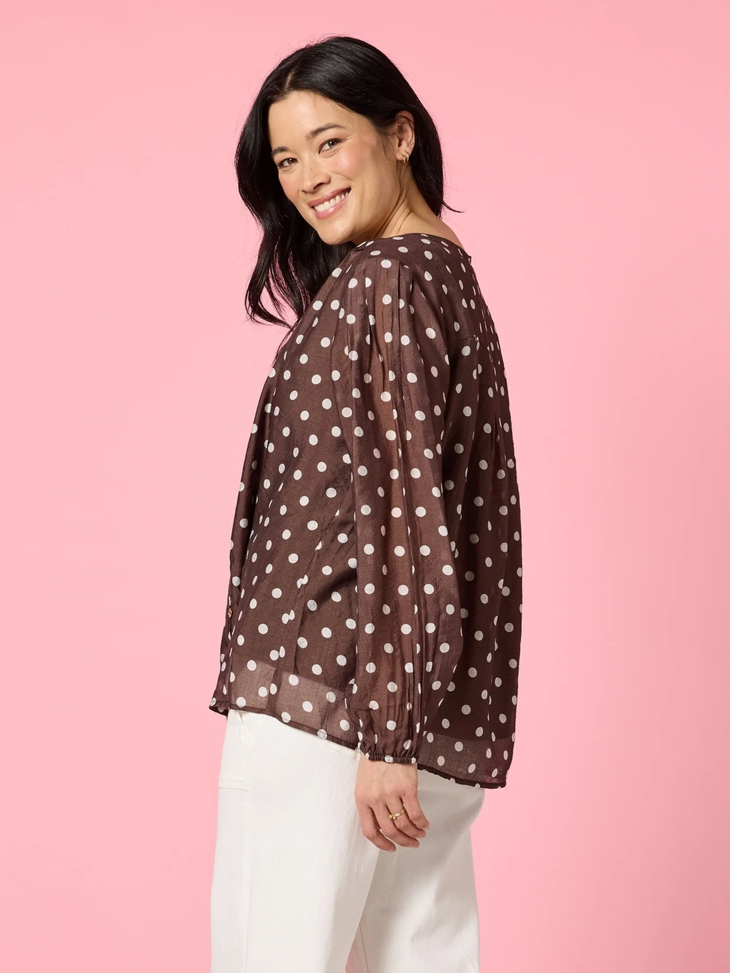 Aurora Spot Print Sheer Top - Coffee White - Image 5