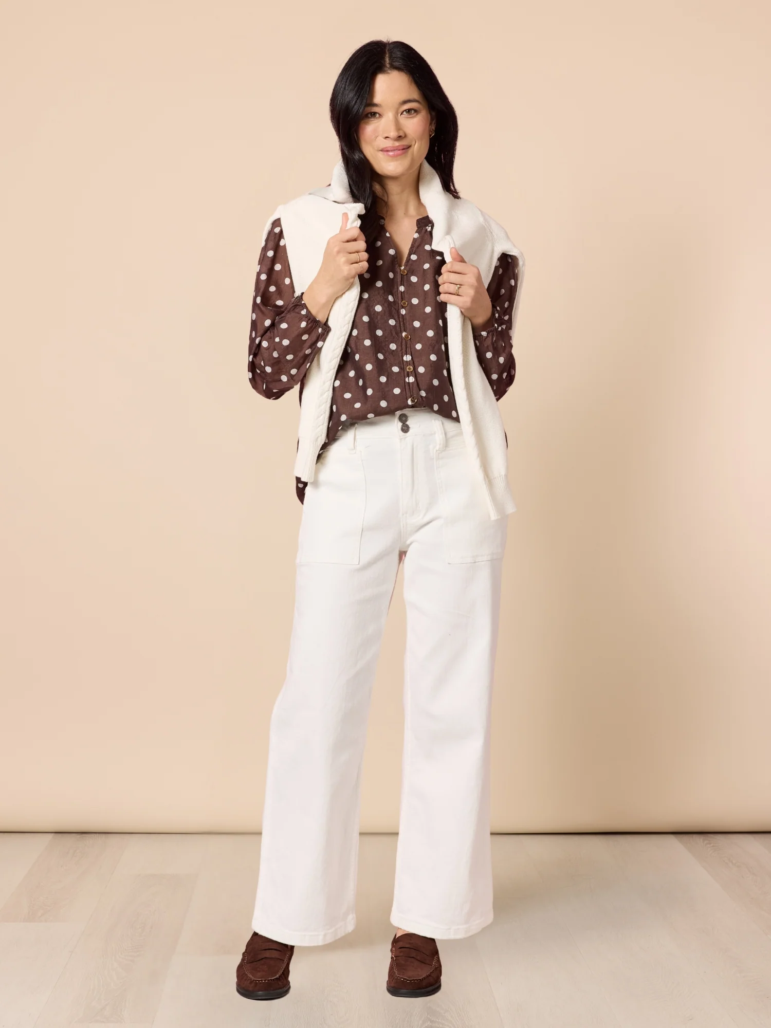 Aurora Spot Print Sheer Top - Coffee White - Image 7