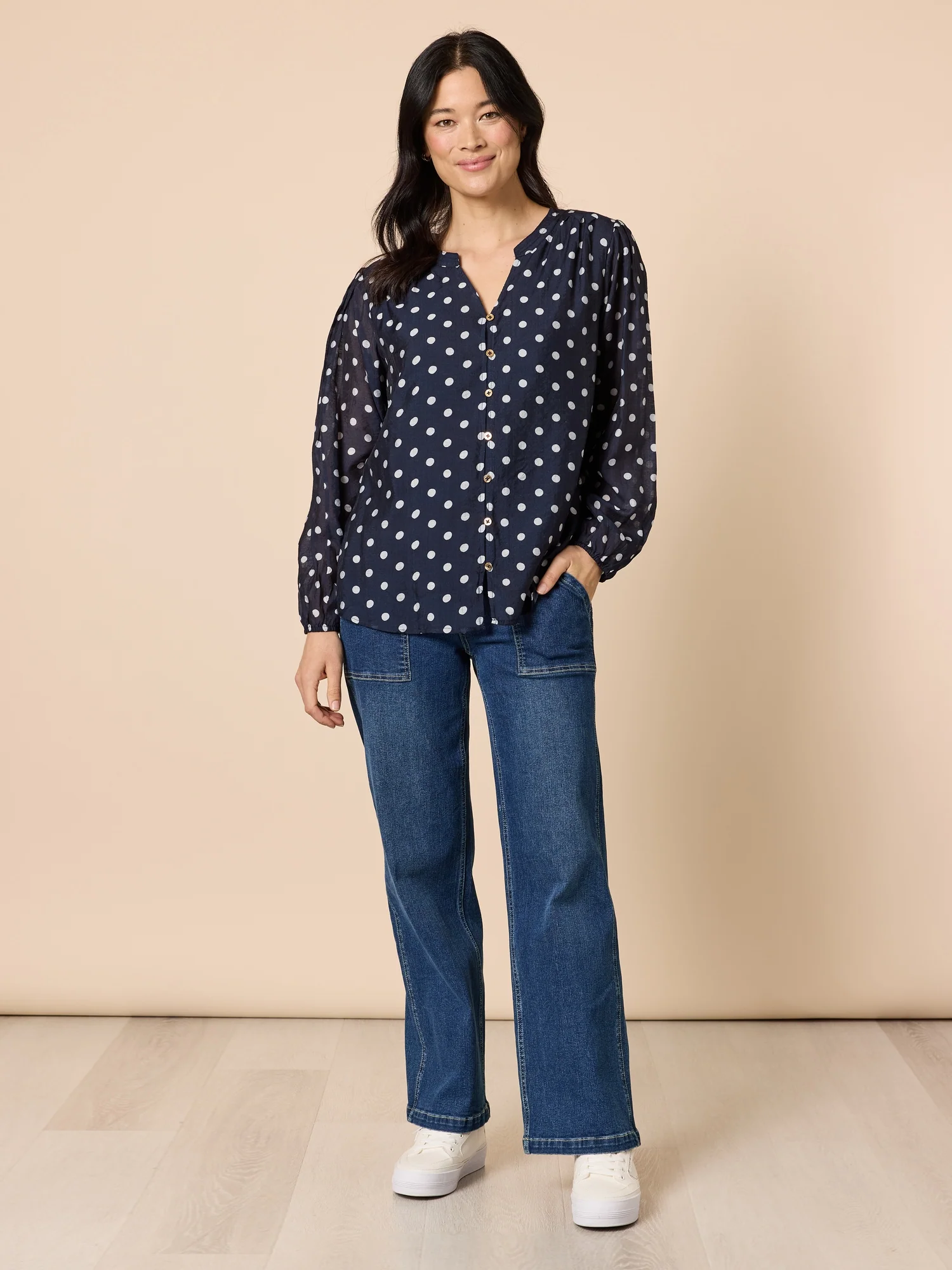 Aurora Spot Print Sheer Top - Navy/White - Image 2