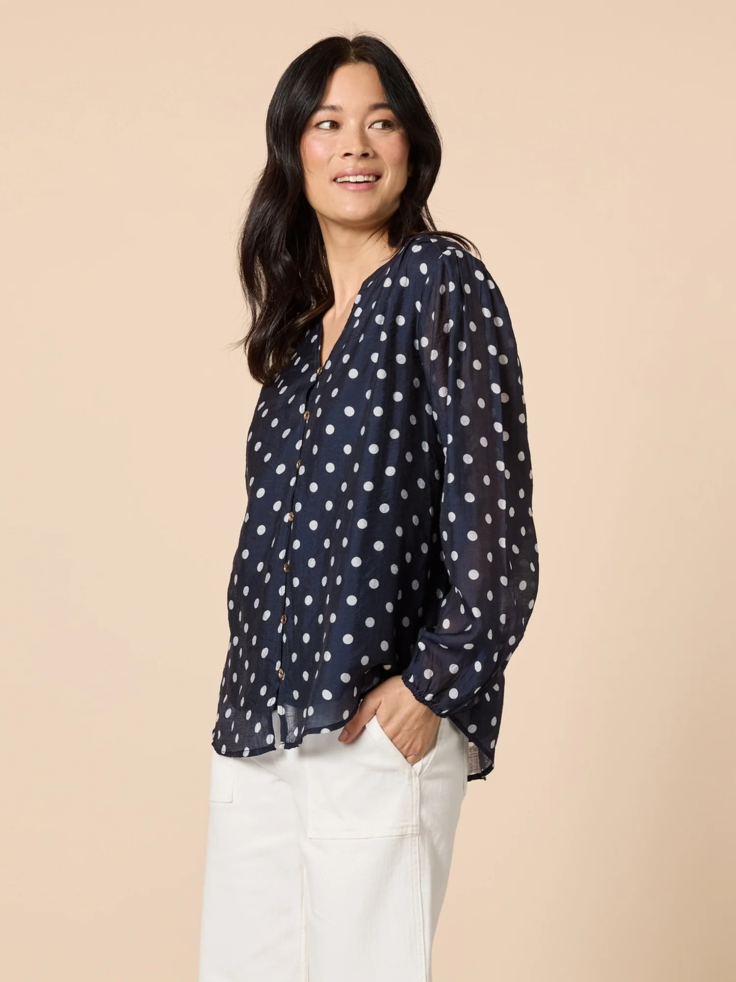 Aurora Spot Print Sheer Top - Navy/White - Image 3