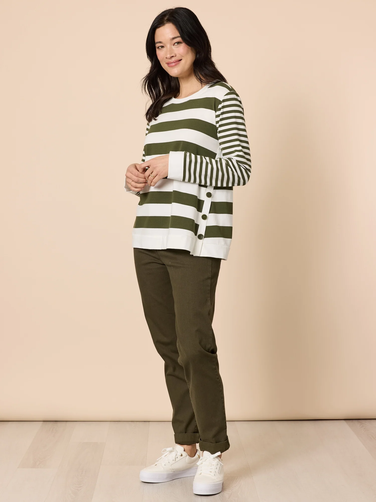 Brighton Stripe Print Top - Khaki Ivory - Image 2