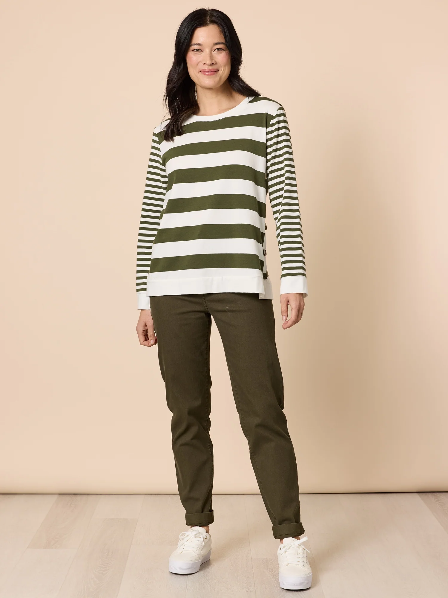 Brighton Stripe Print Top - Khaki Ivory - Image 6
