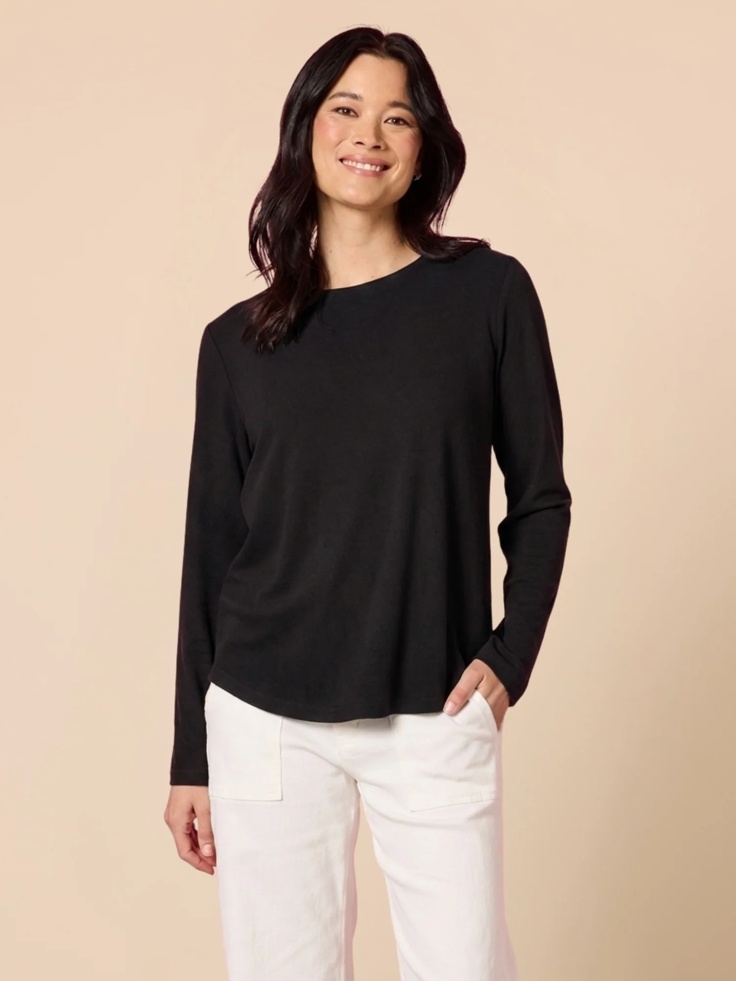 Brushed Crew Neck Long Sleeve Tee - Black