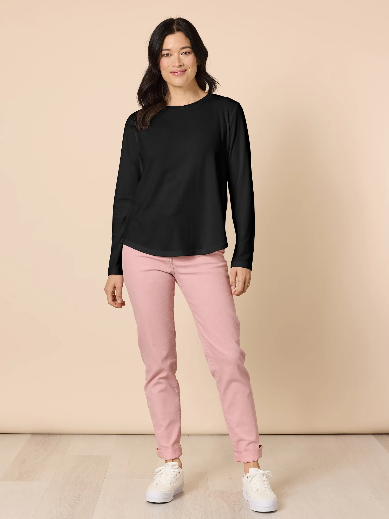 Brushed Crew Neck Long Sleeve Tee - Black - Image 2