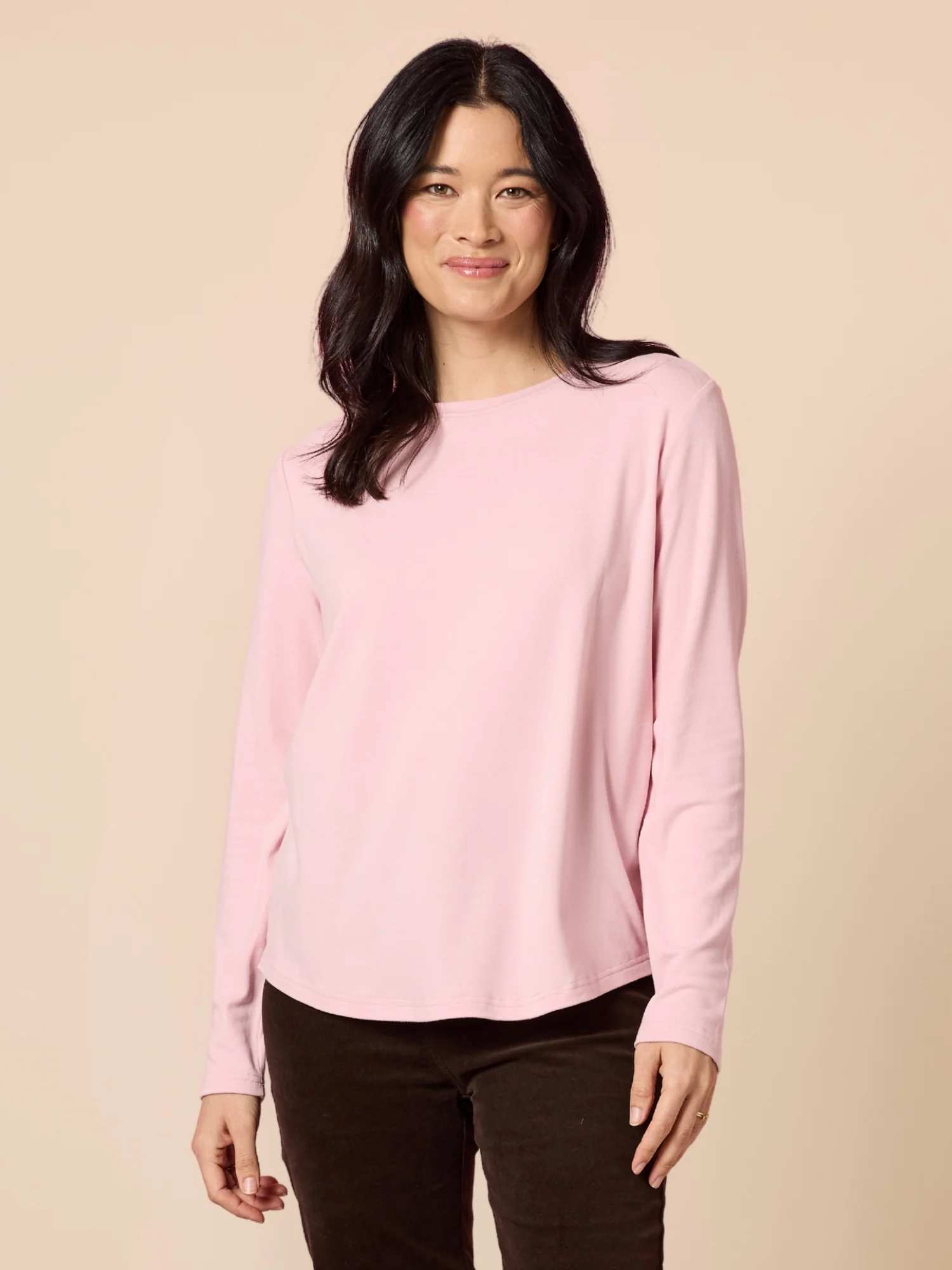 Brushed Crew Neck Long Sleeve Tee - Blush