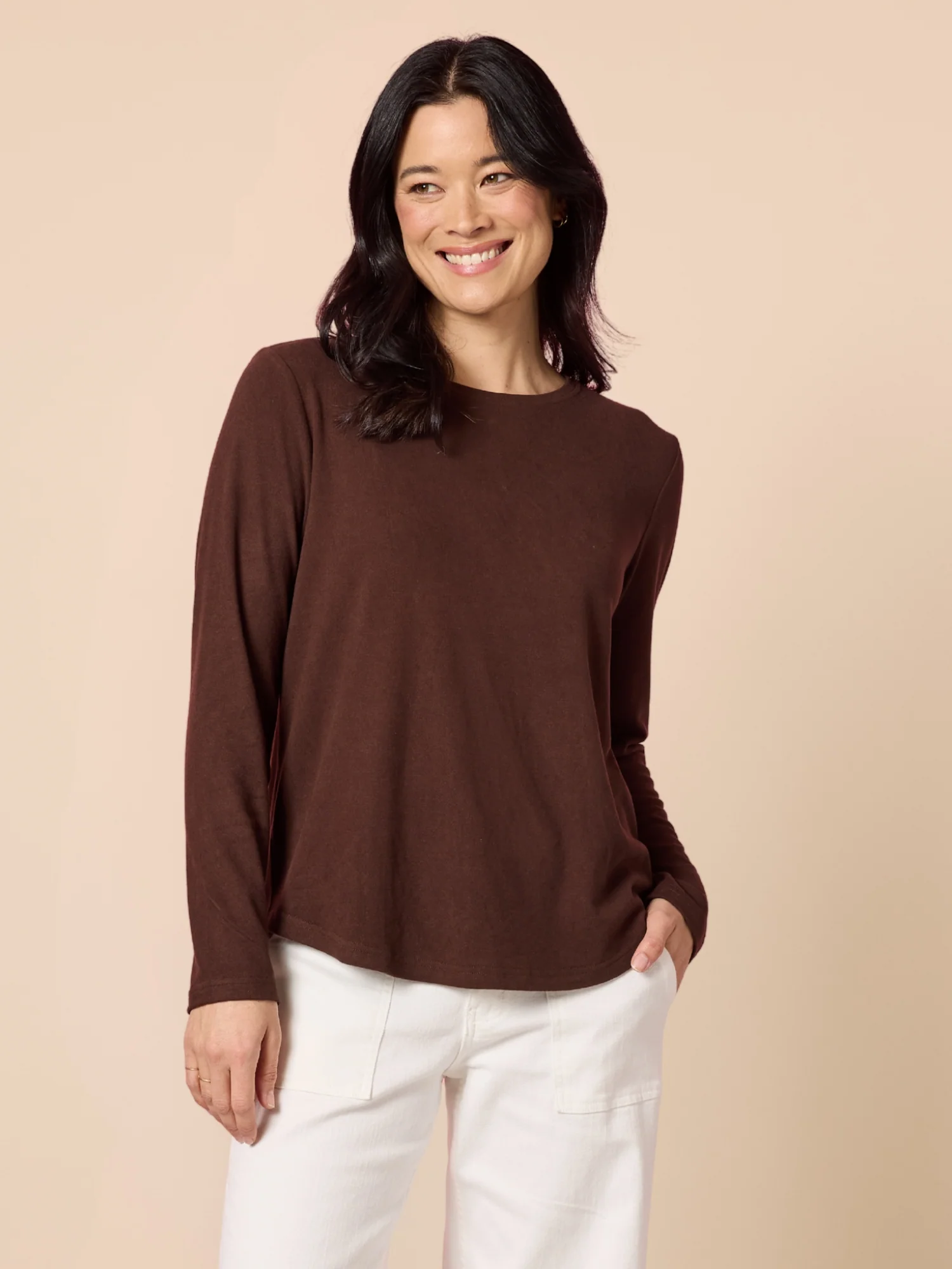 Brushed Crew Neck Long Sleeve Tee - Coffee - Image 3