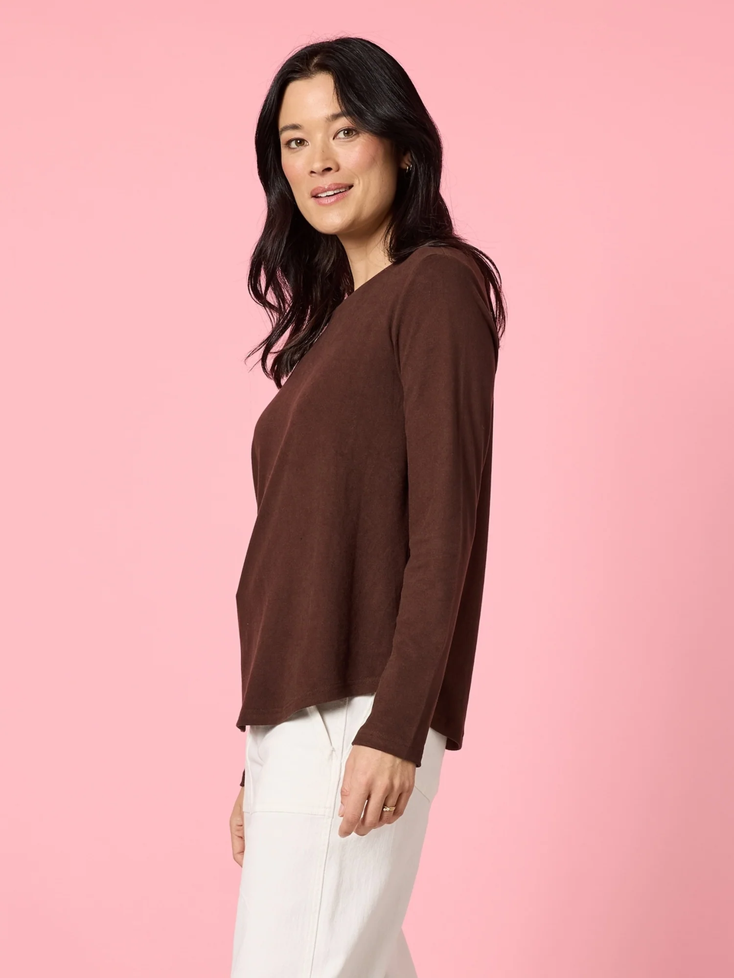 Brushed Crew Neck Long Sleeve Tee - Coffee - Image 4