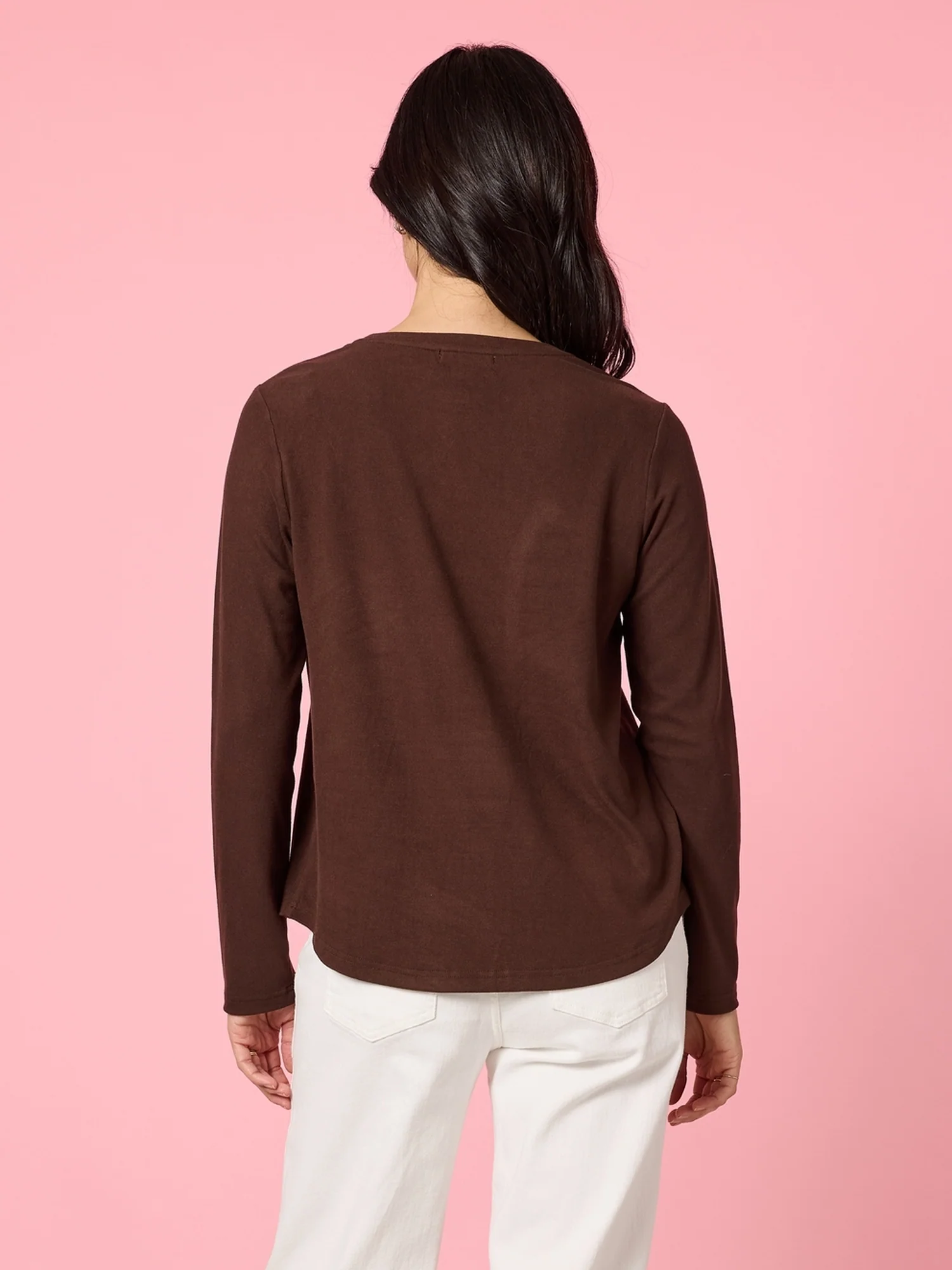 Brushed Crew Neck Long Sleeve Tee - Coffee - Image 5