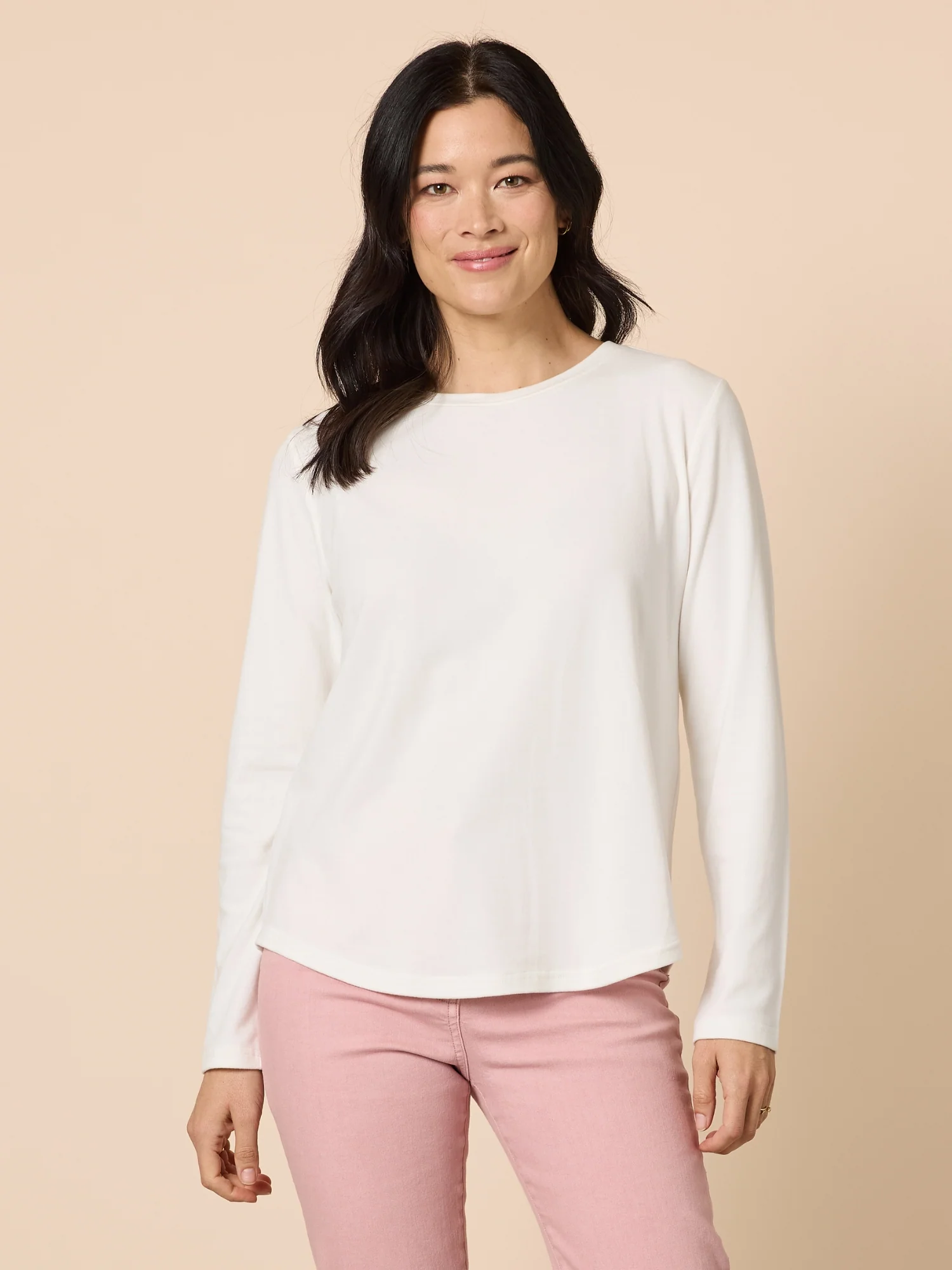 Brushed Crew Neck Long Sleeve Tee - Ivory