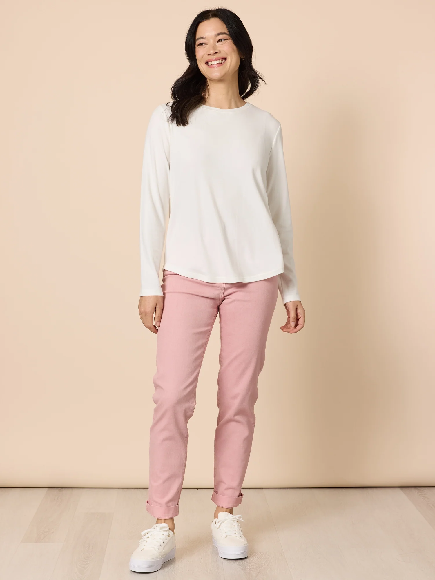 Brushed Crew Neck Long Sleeve Tee - Ivory - Image 2