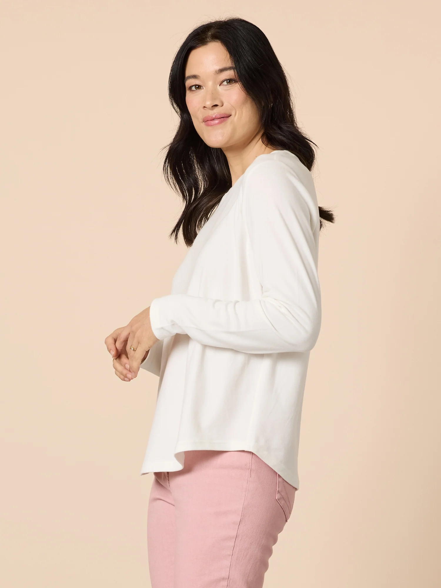 Brushed Crew Neck Long Sleeve Tee - Ivory - Image 3
