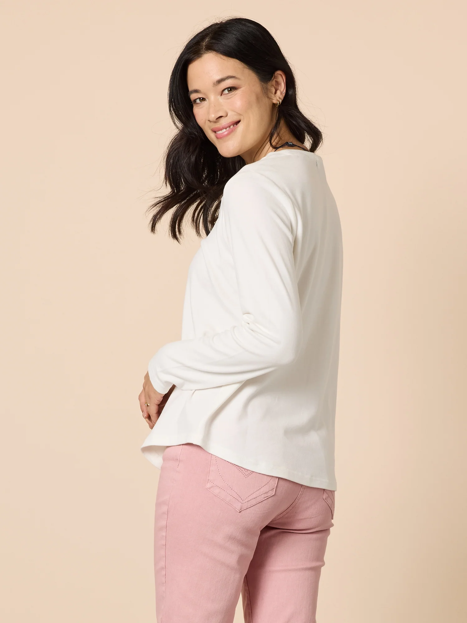 Brushed Crew Neck Long Sleeve Tee - Ivory - Image 4