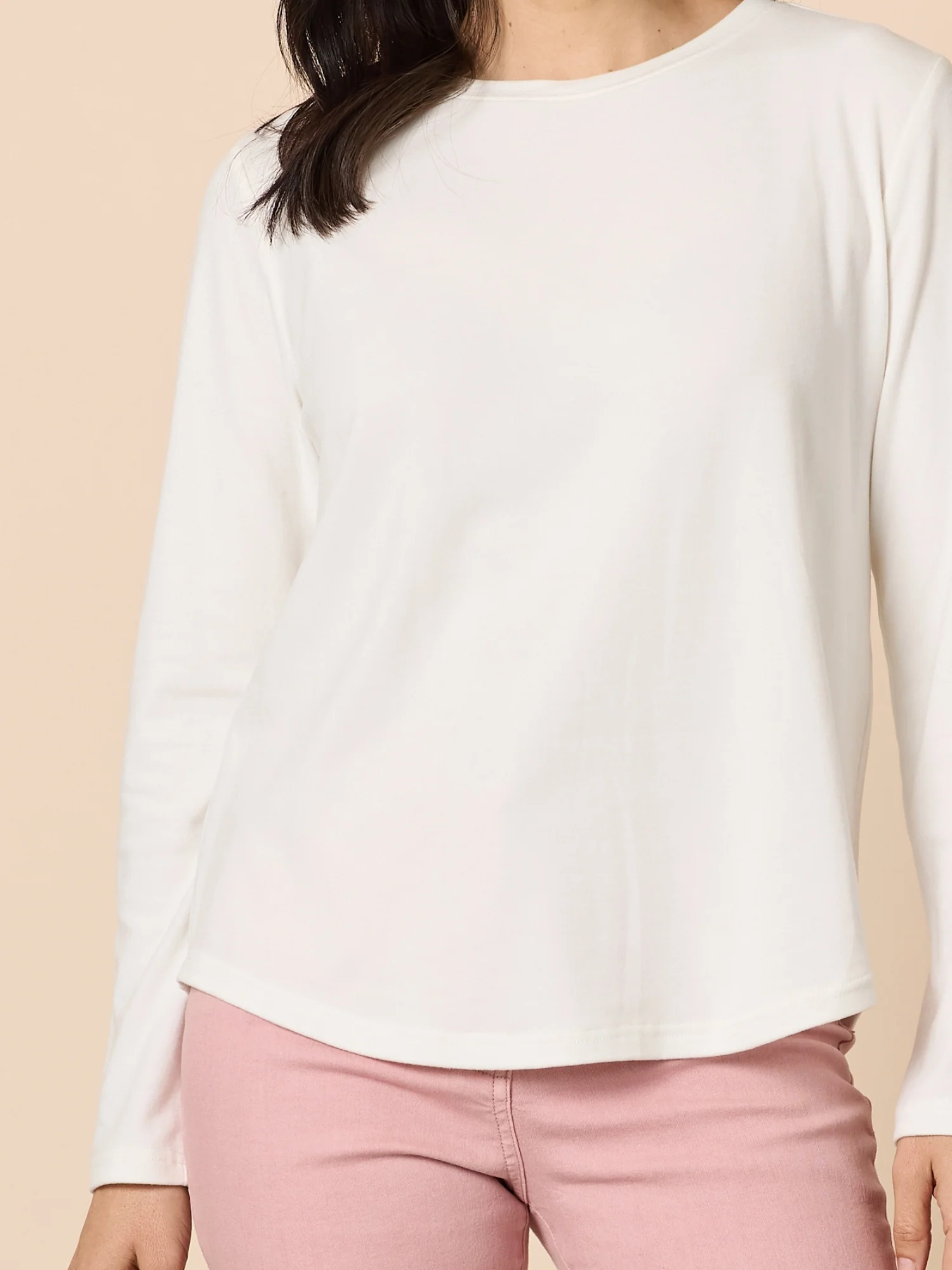 Brushed Crew Neck Long Sleeve Tee - Ivory - Image 5