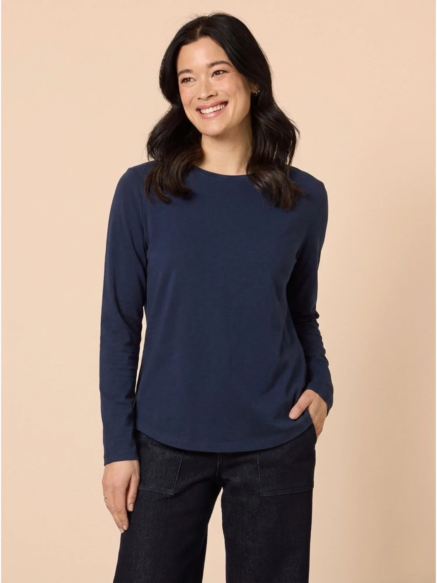 Brushed Crew Neck Long Sleeve Tee - Navy