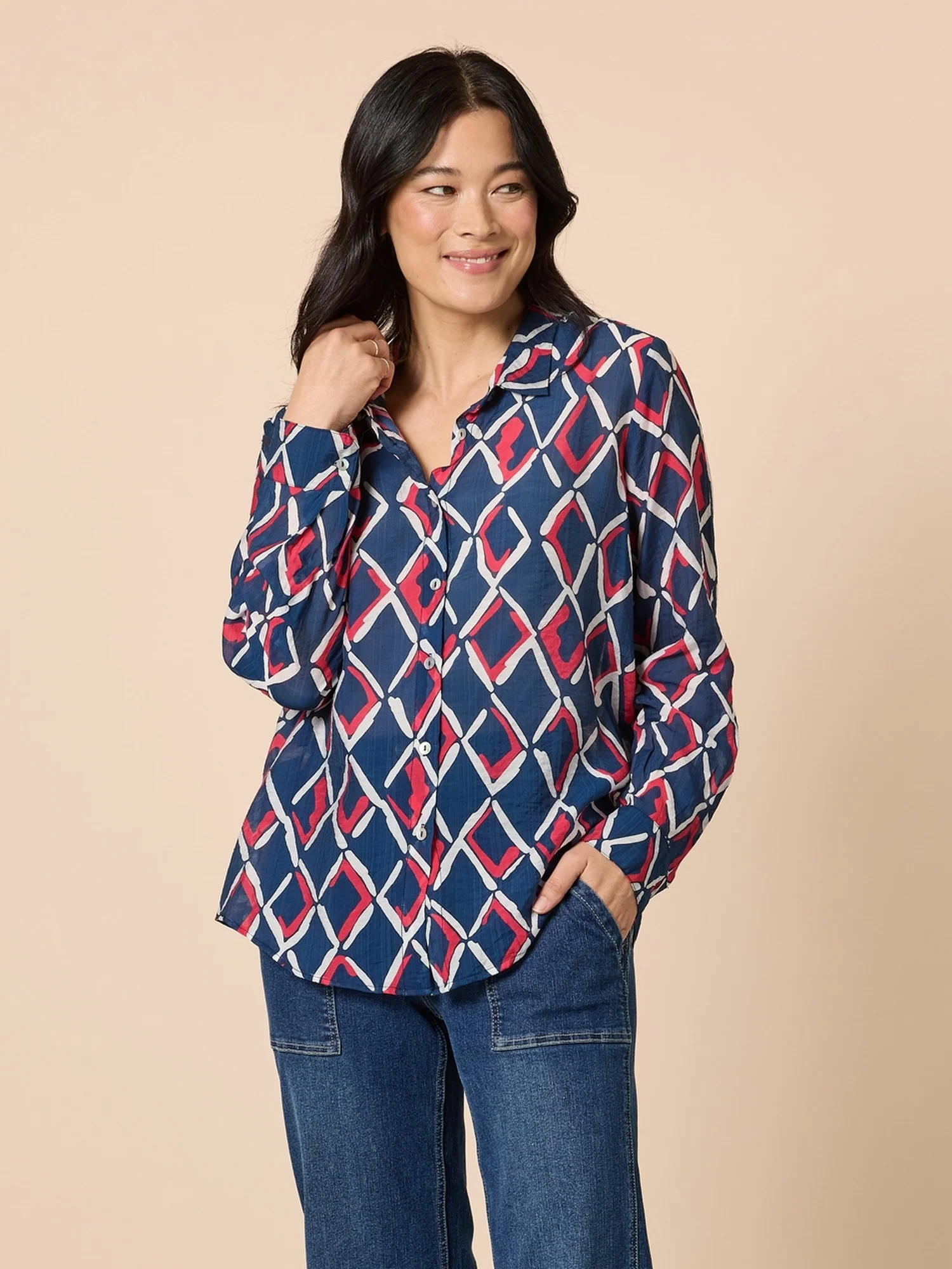 Capitol Print Sheer Shirt - Navy Multi