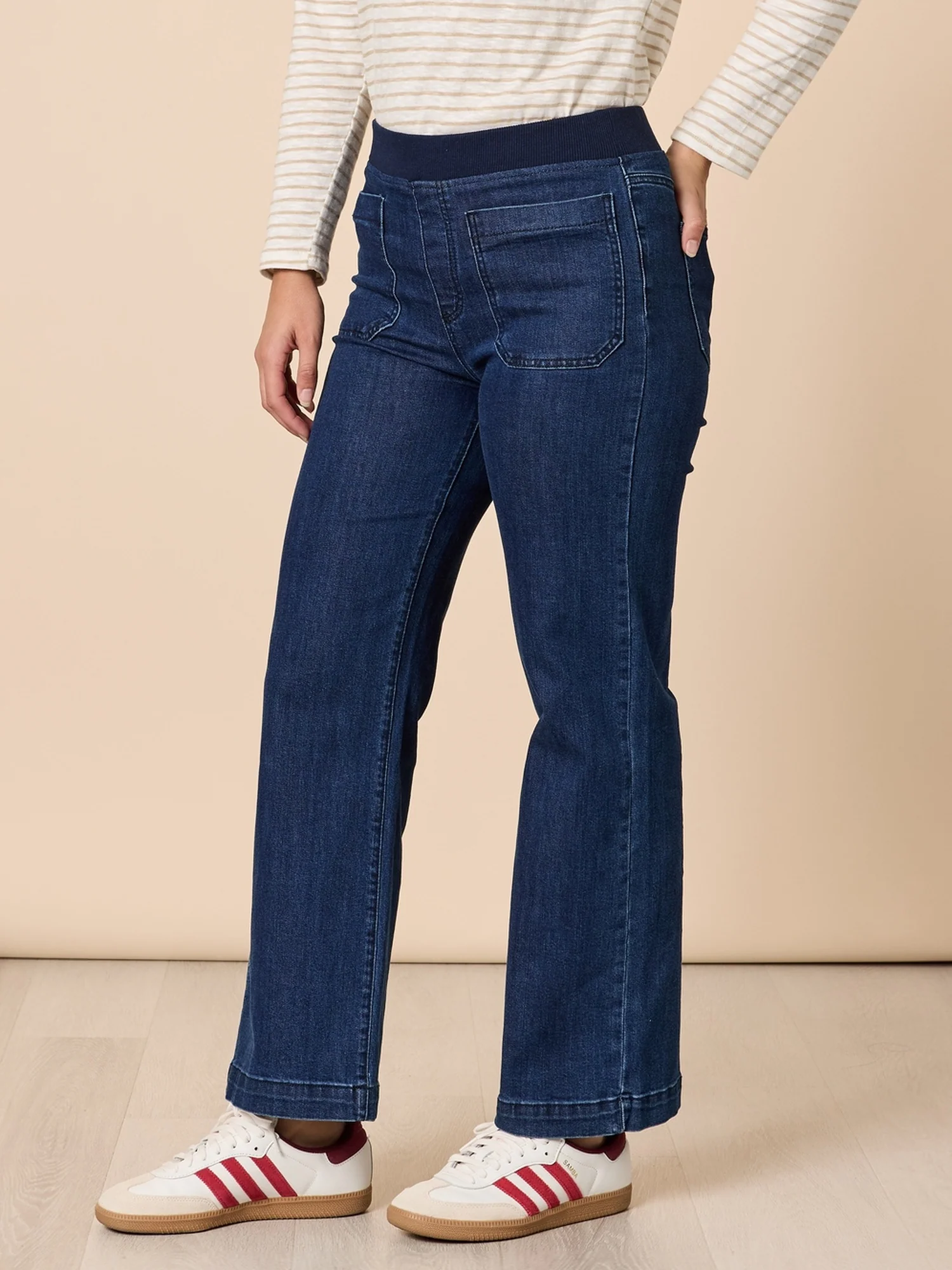 Carpenter Stretch Wide Leg Pull On Denim Jean - Dark Denim - Image 5