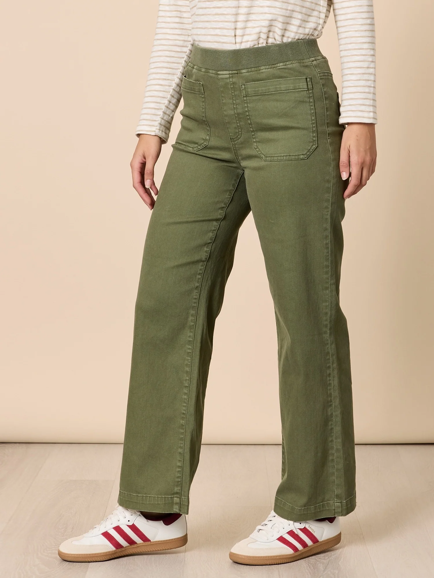 Carpenter Stretch Wide Leg Pull On Denim Jean - Khaki - Image 4