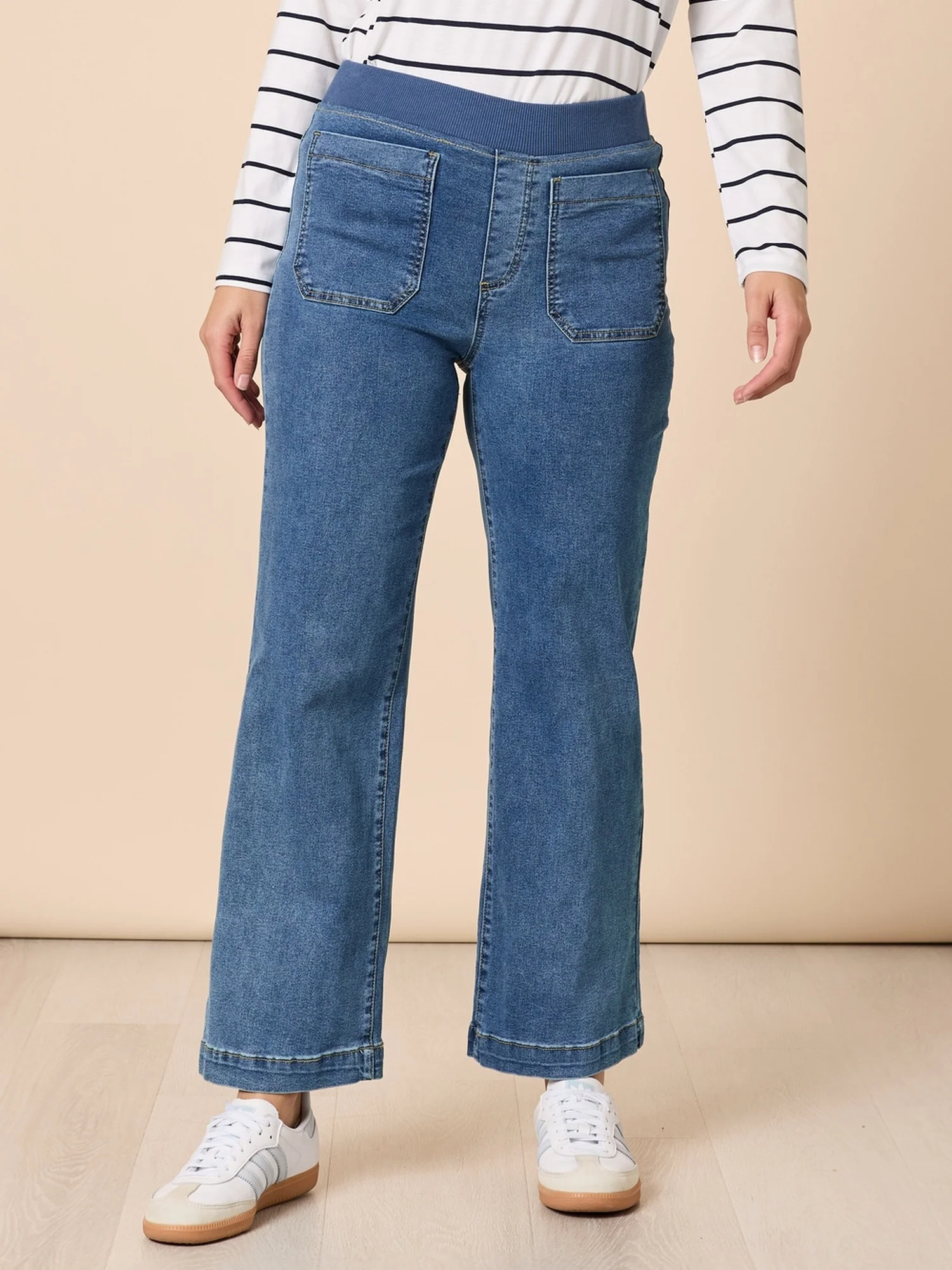 Carpenter Stretch Wide Leg Pull On Denim Jean - Washed Denim