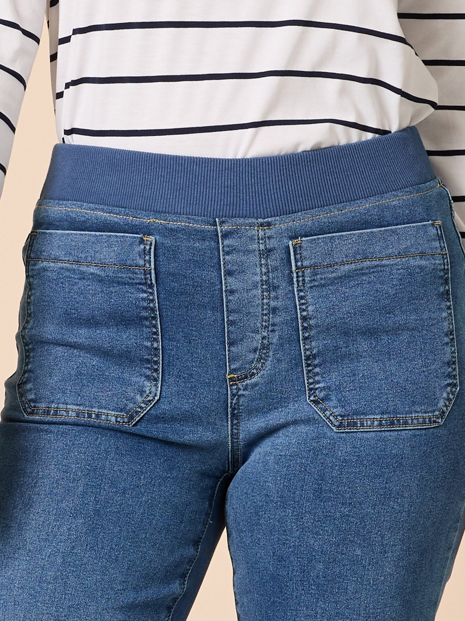 Carpenter Stretch Wide Leg Pull On Denim Jean - Washed Denim - Image 3