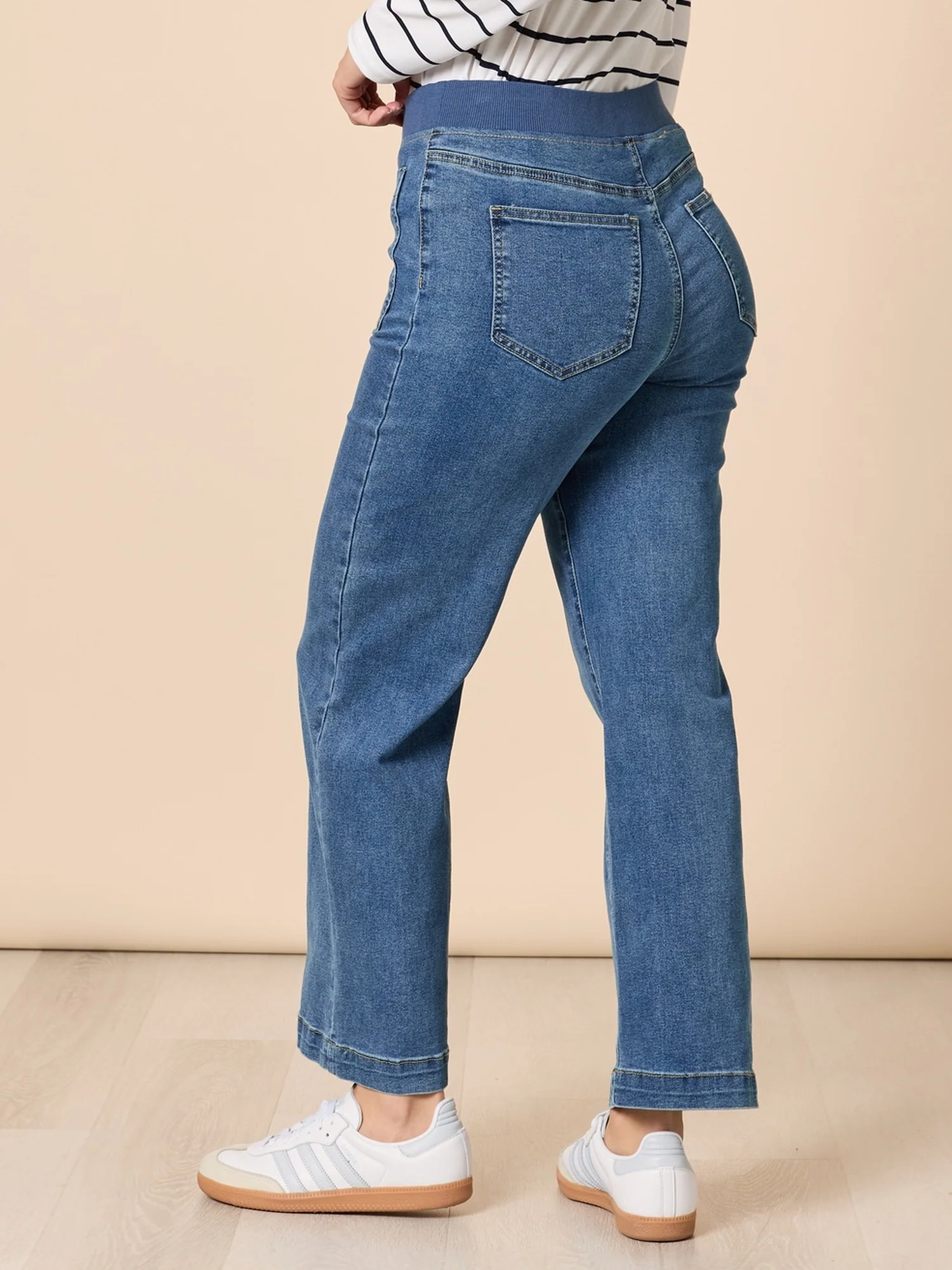 Carpenter Stretch Wide Leg Pull On Denim Jean - Washed Denim - Image 5