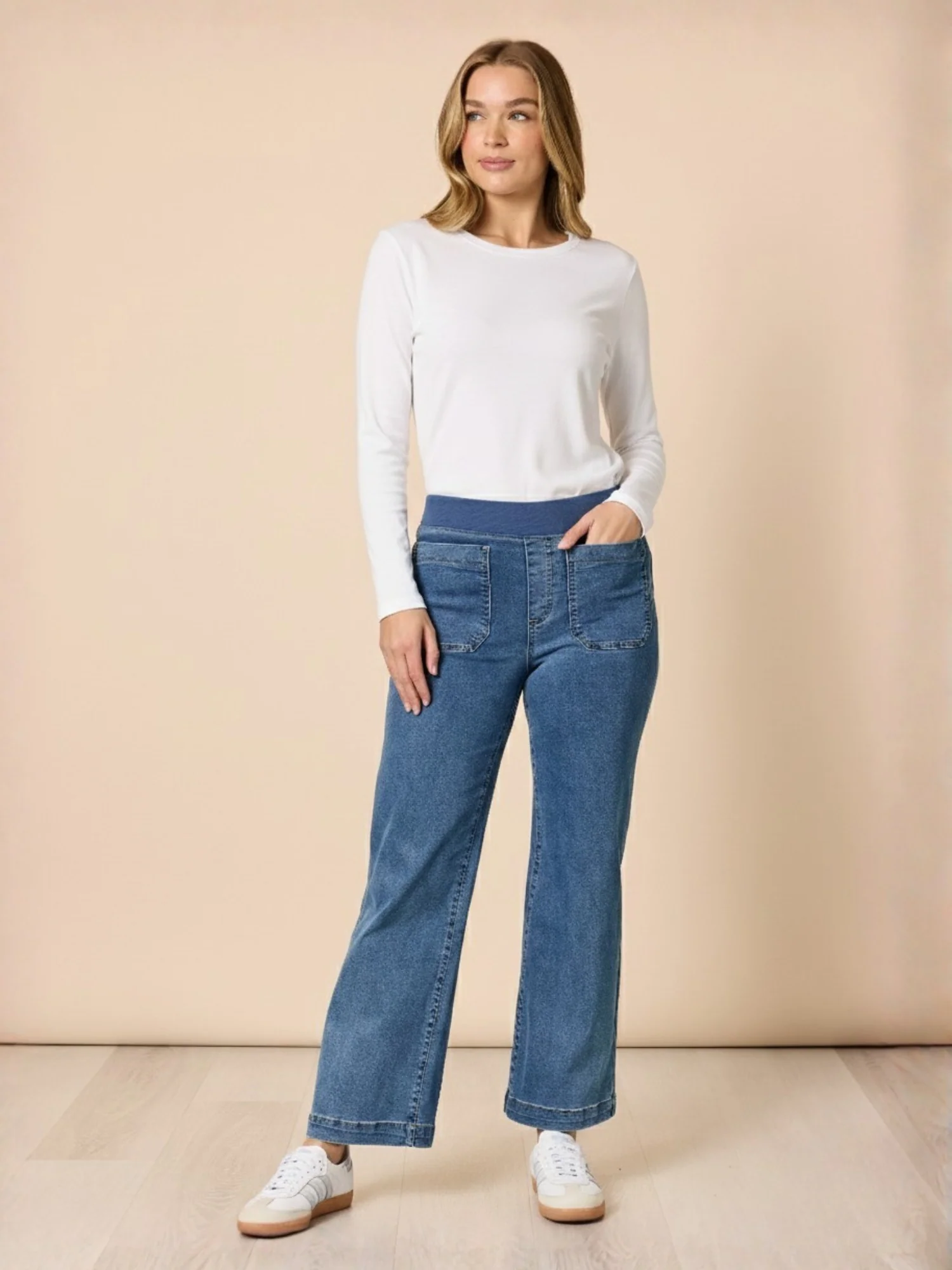 Carpenter Stretch Wide Leg Pull On Denim Jean - Washed Denim - Image 7