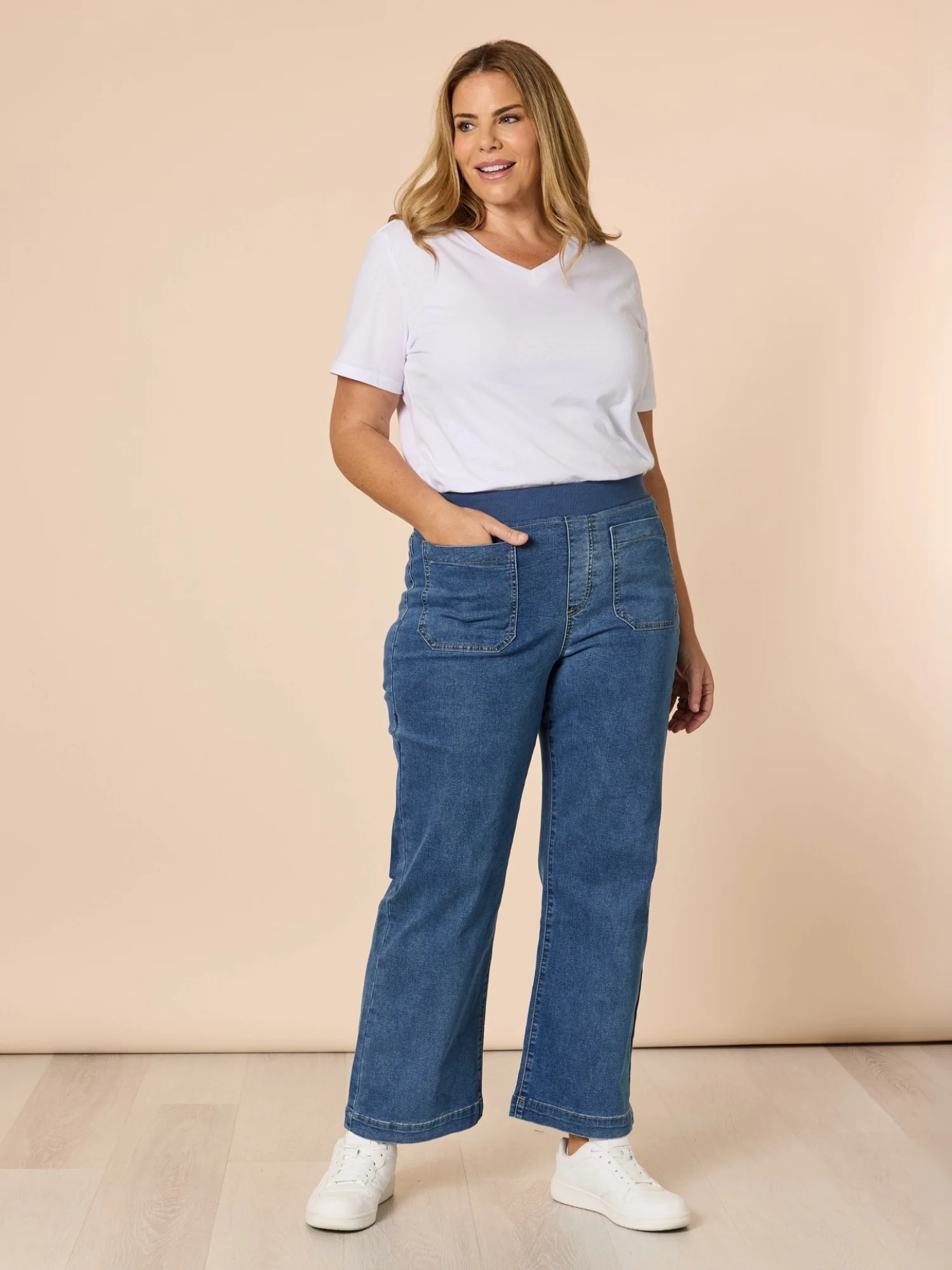Carpenter Stretch Wide Leg Pull On Denim Jean - Washed Denim - Image 8