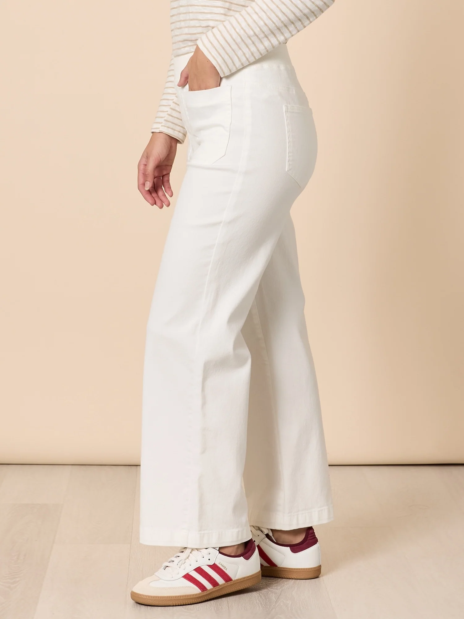 Carpenter Stretch Wide Leg Pull On Denim Jean - Ivory - Image 3