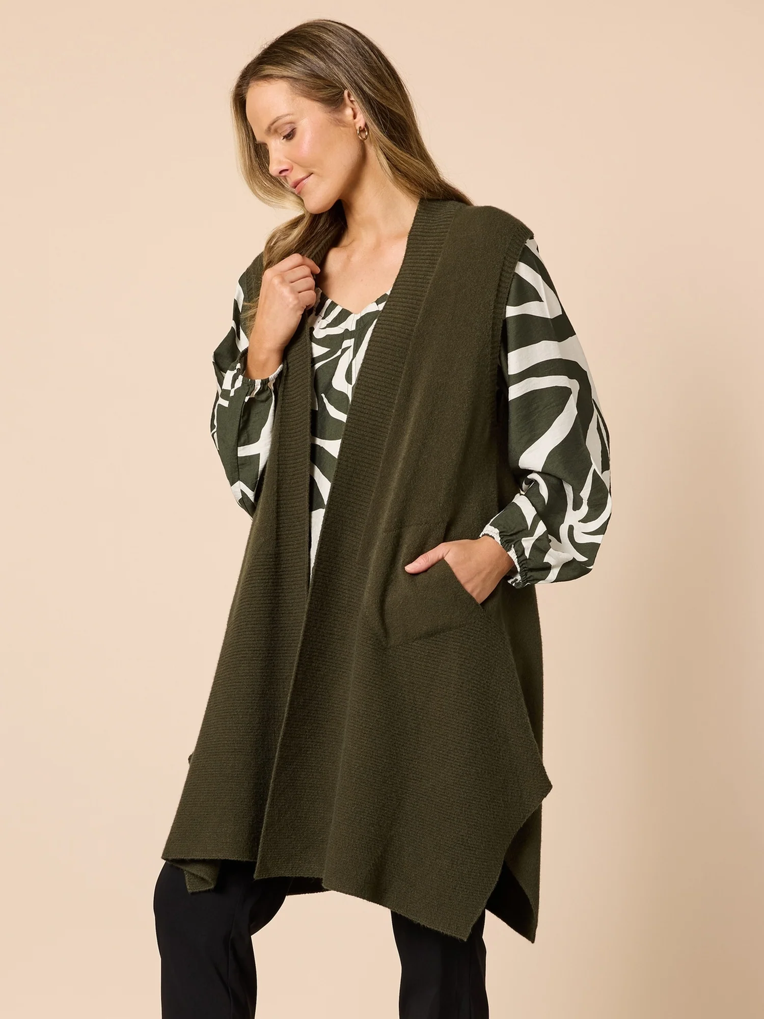 Casa Longline Knit Vest - Khaki - Image 3