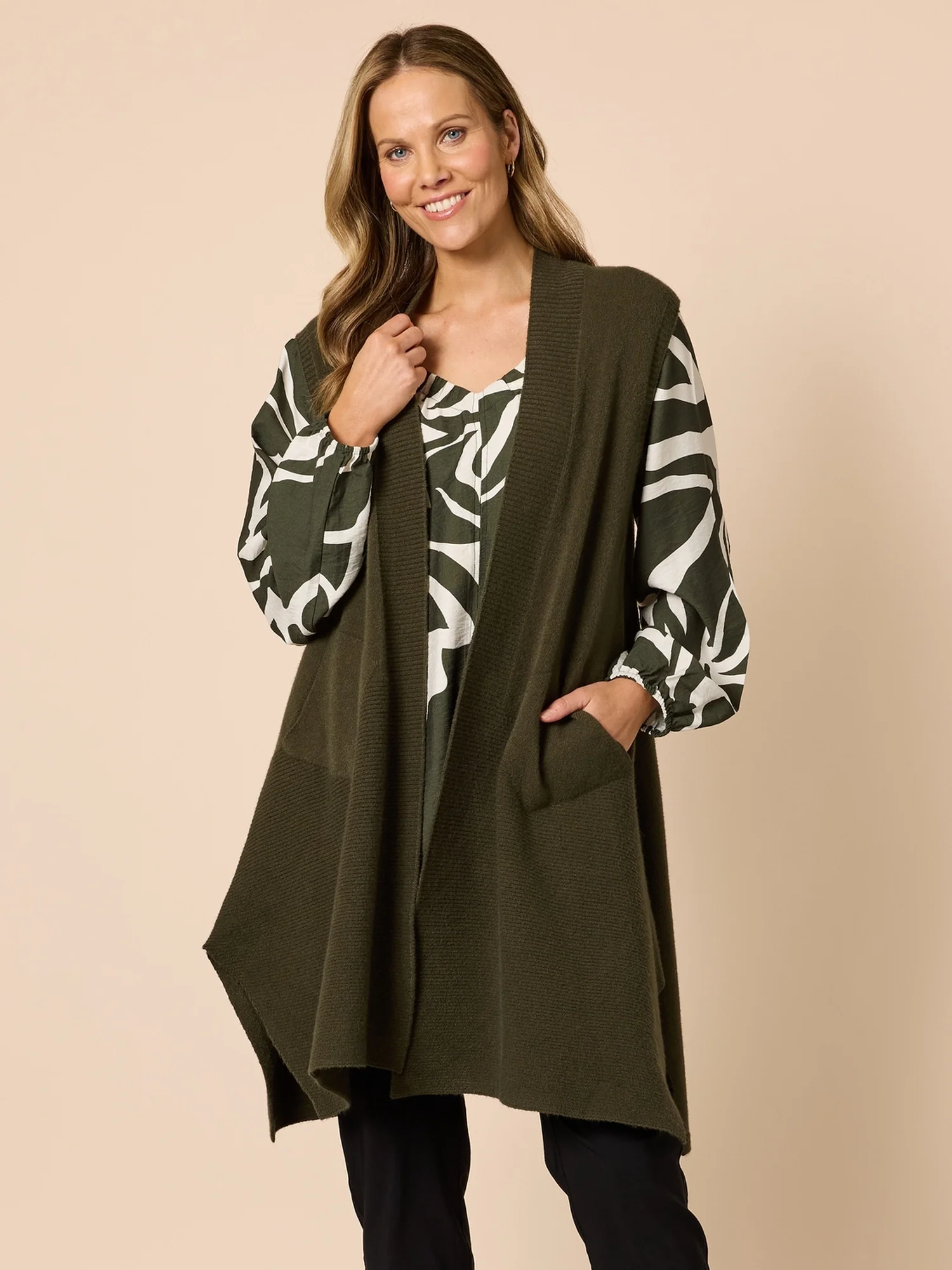 Casa Longline Knit Vest - Khaki - Image 7