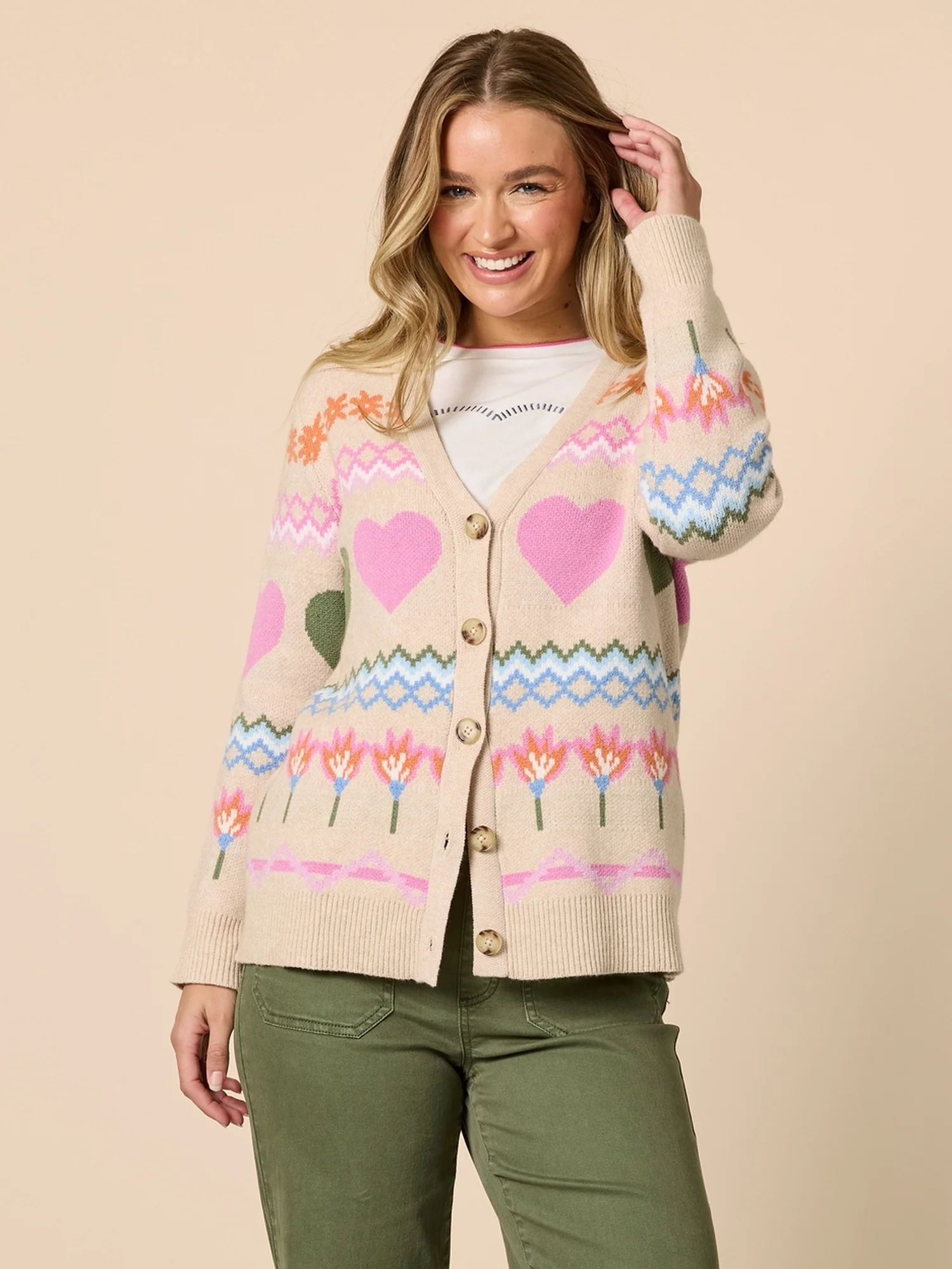 Charming Print Cardigan - Natural Multi