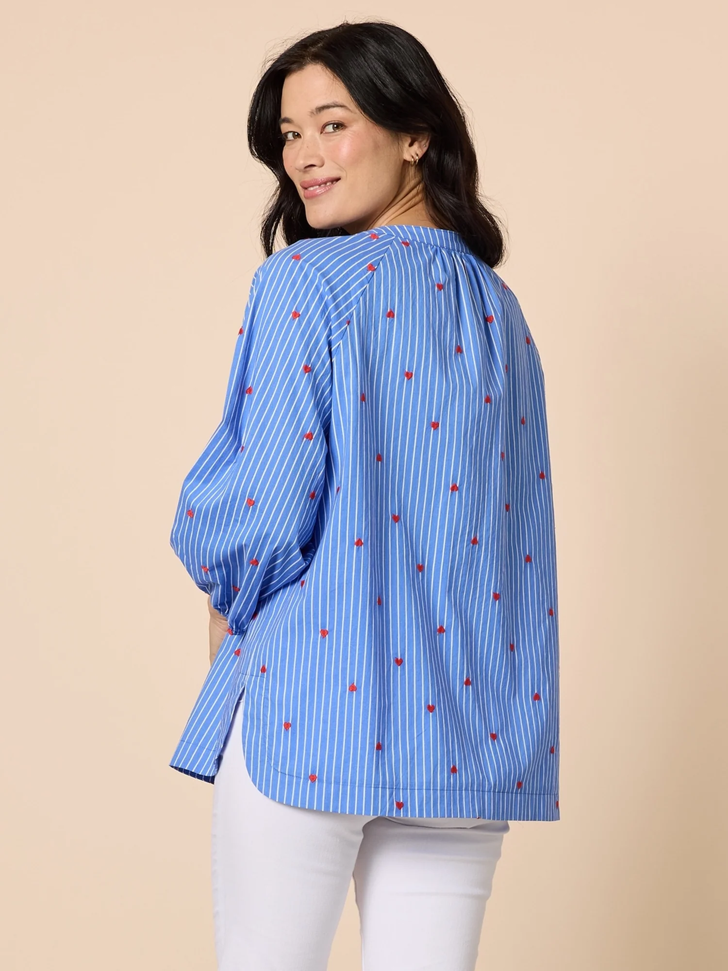 Cherish Embroidered Heart Stripe Print Top - Blue/White - Image 3