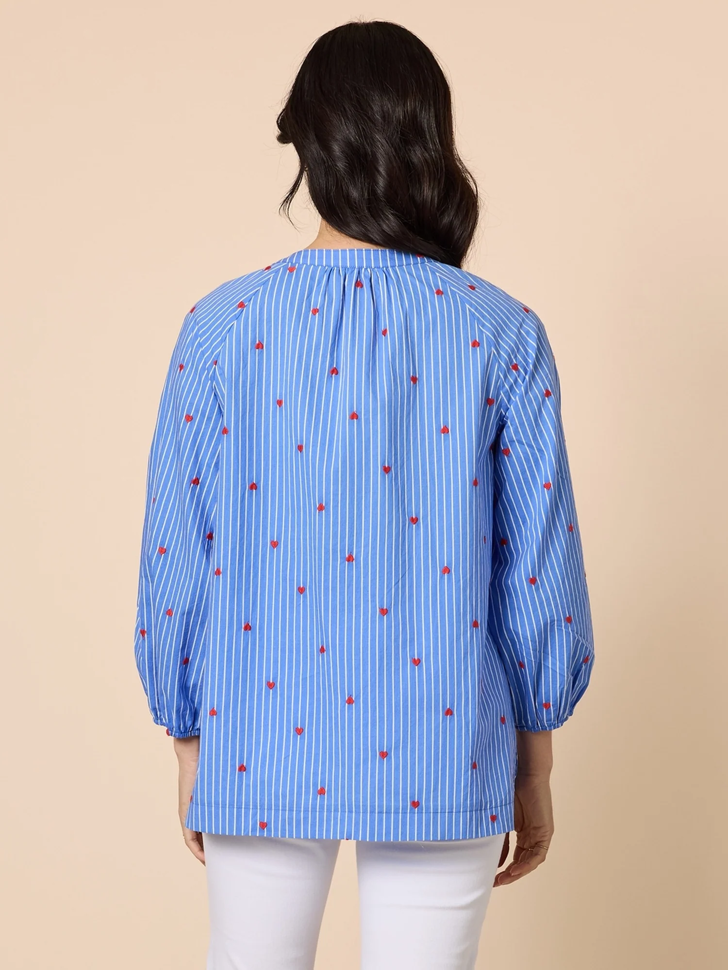Cherish Embroidered Heart Stripe Print Top - Blue/White - Image 4