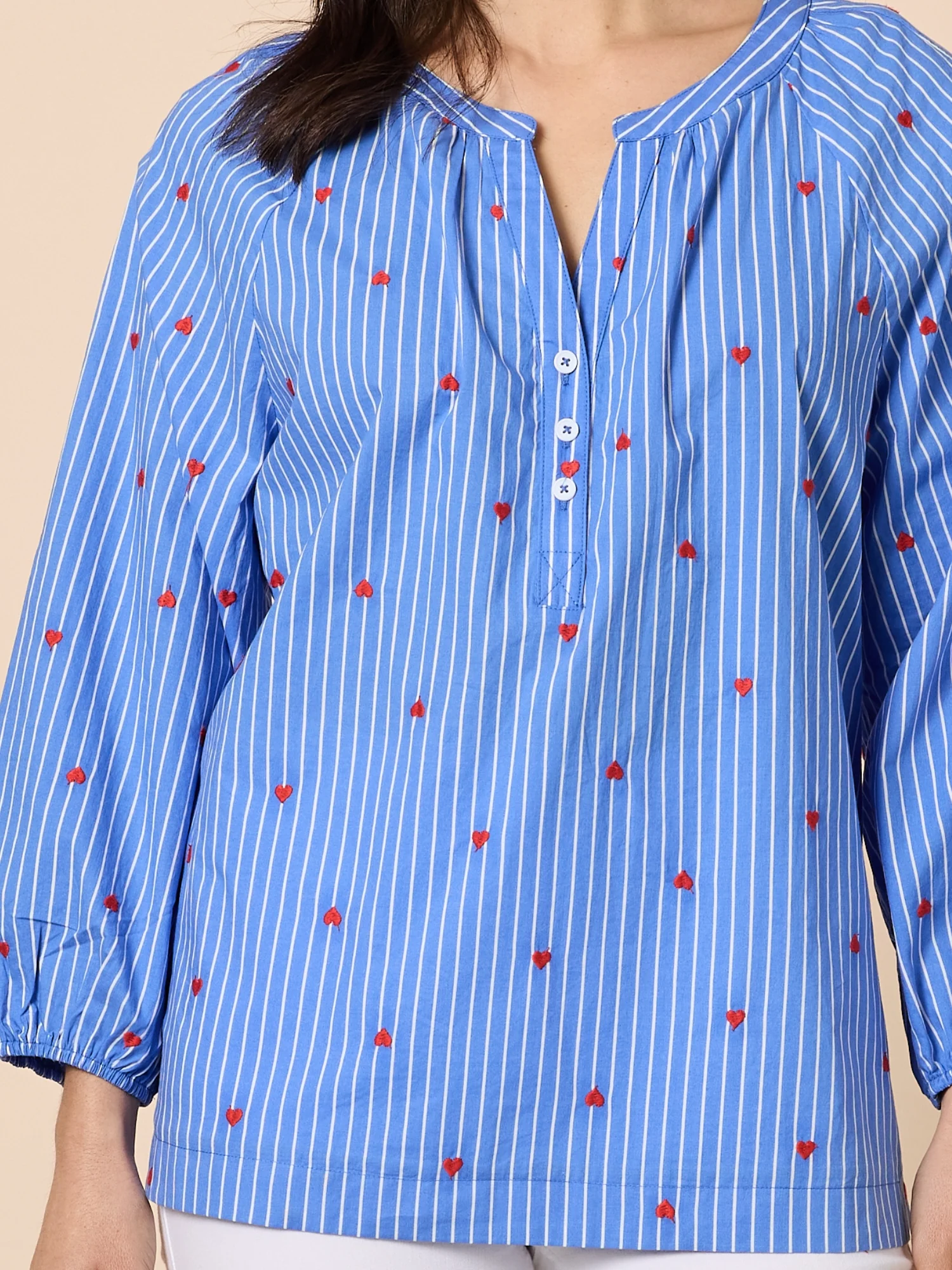 Cherish Embroidered Heart Stripe Print Top - Blue/White - Image 5