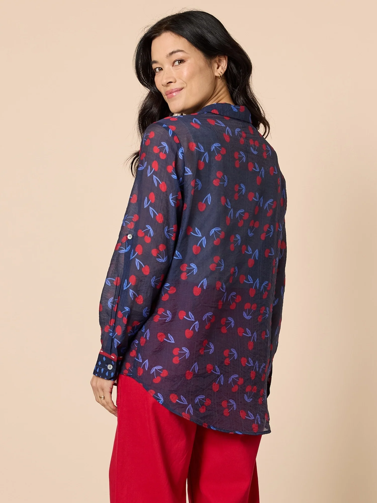 Cherry Delight Print Sheer Shirt - Navy/Red - Image 3