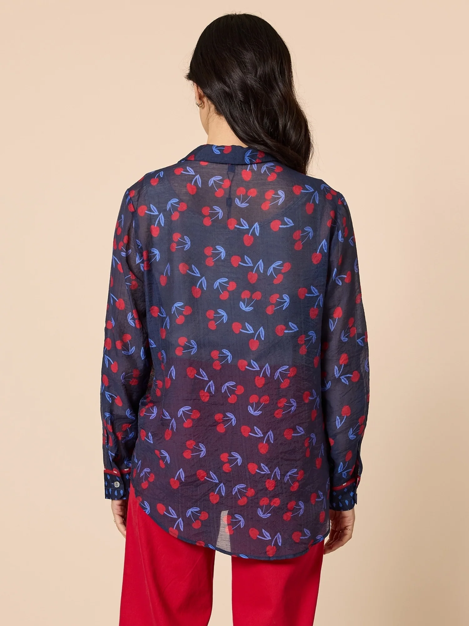 Cherry Delight Print Sheer Shirt - Navy/Red - Image 4
