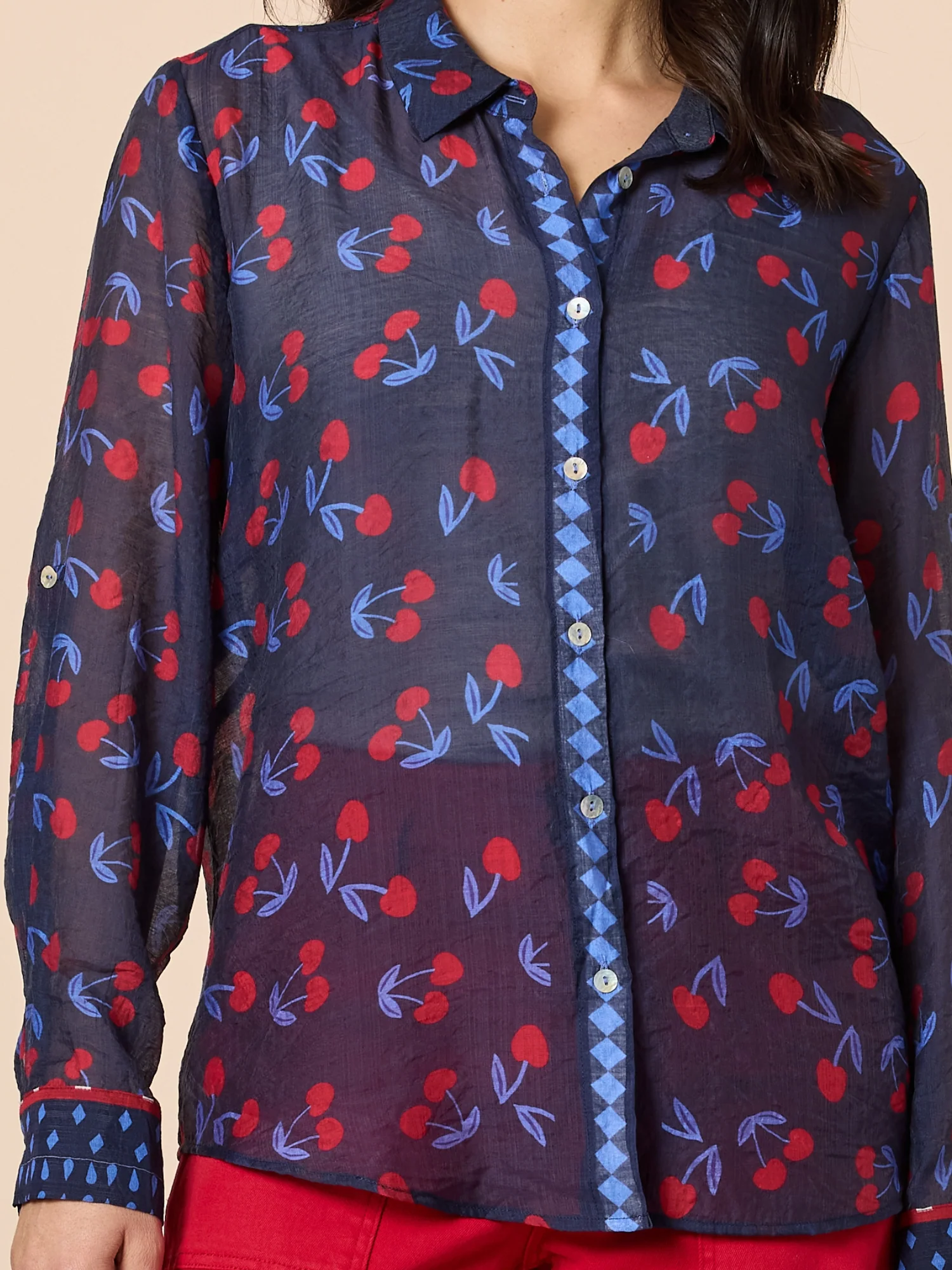 Cherry Delight Print Sheer Shirt - Navy/Red - Image 5