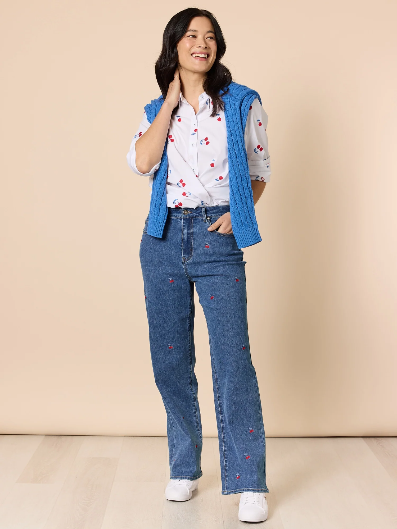 Embroidered Cherry Straight Leg Jeans - Denim - Image 3