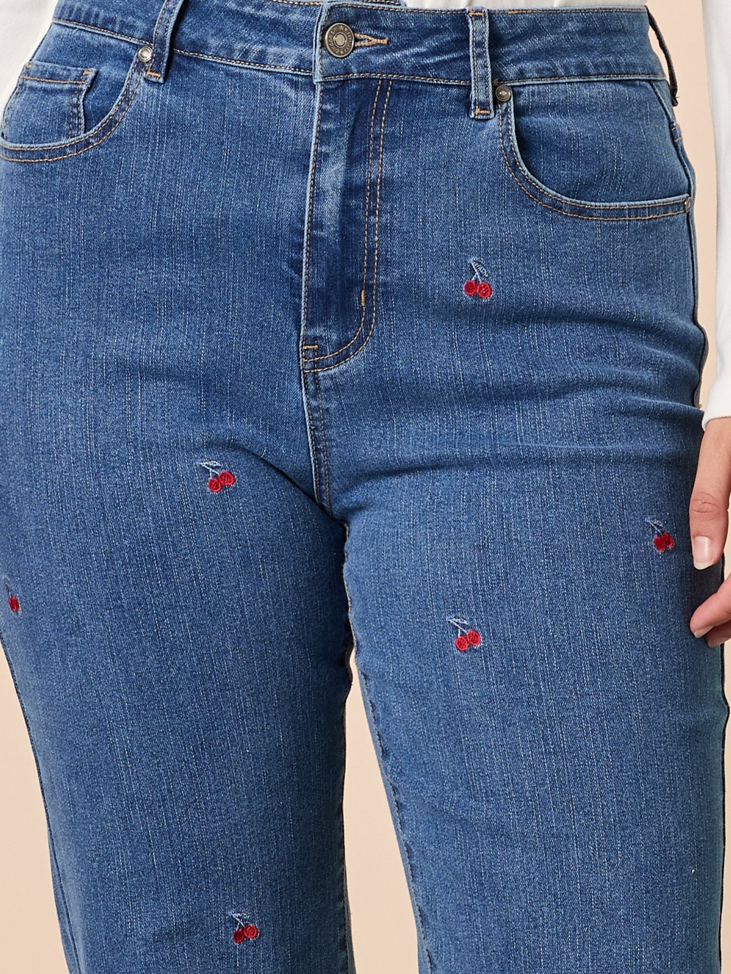 Embroidered Cherry Straight Leg Jeans - Denim - Image 6