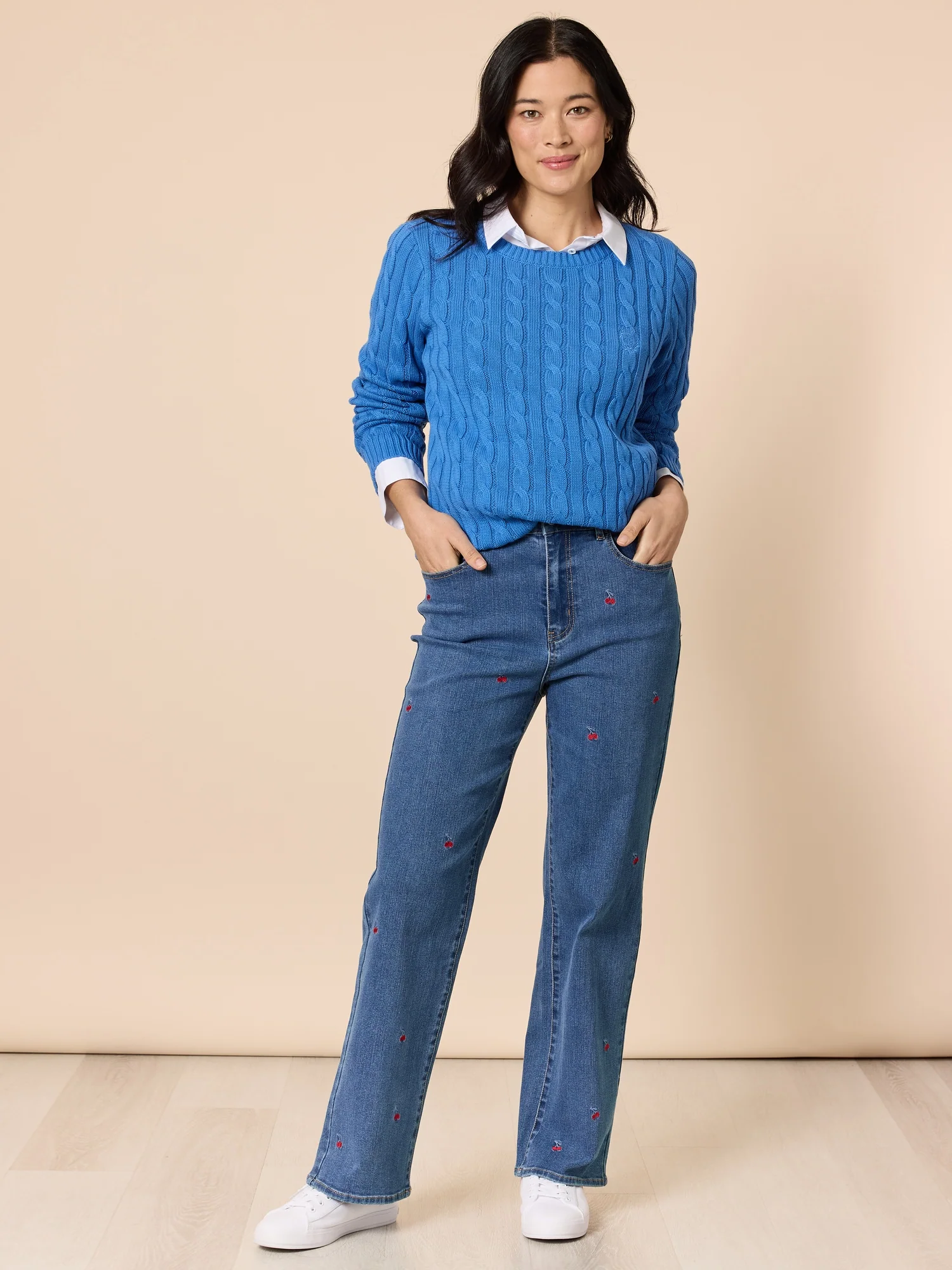 Embroidered Cherry Straight Leg Jeans - Denim - Image 7