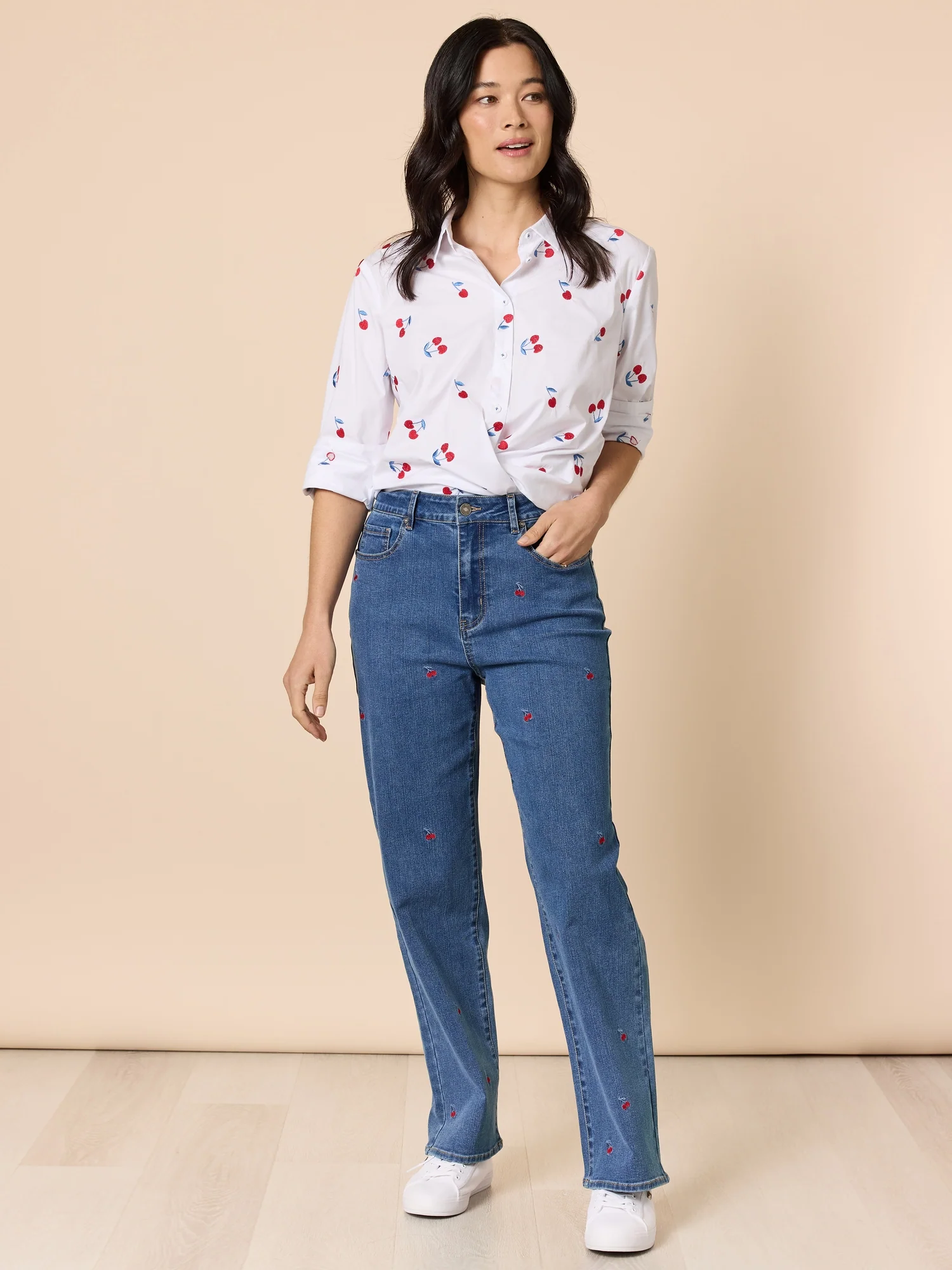 Embroidered Cherry Straight Leg Jeans - Denim - Image 9