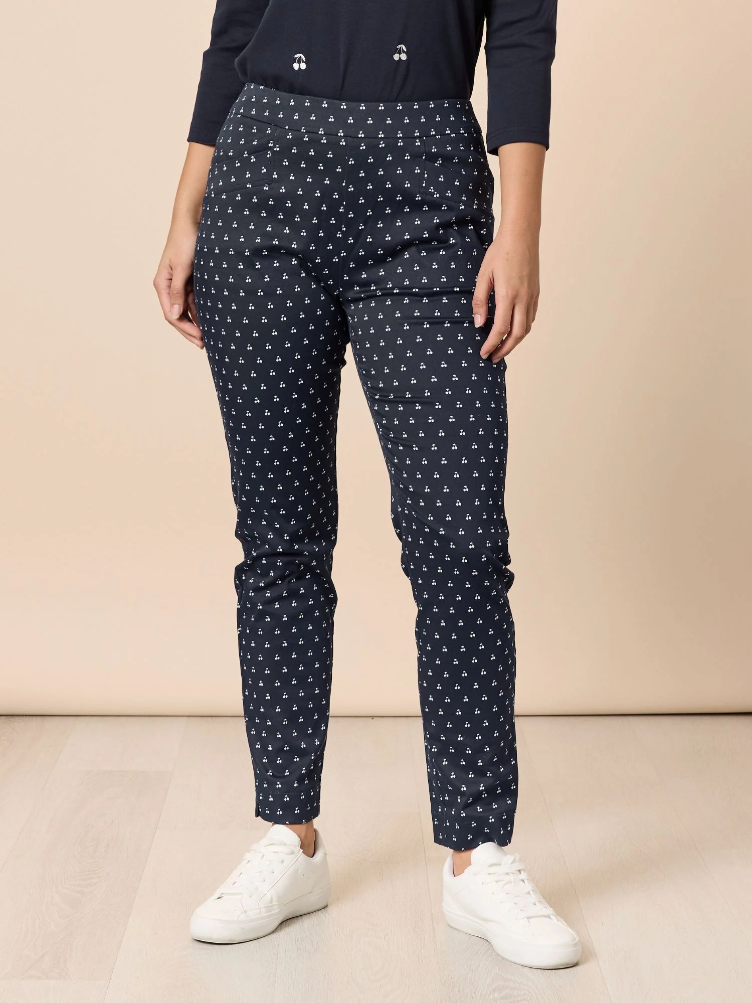 Cherry Print Slim Leg Pant - Navy/White